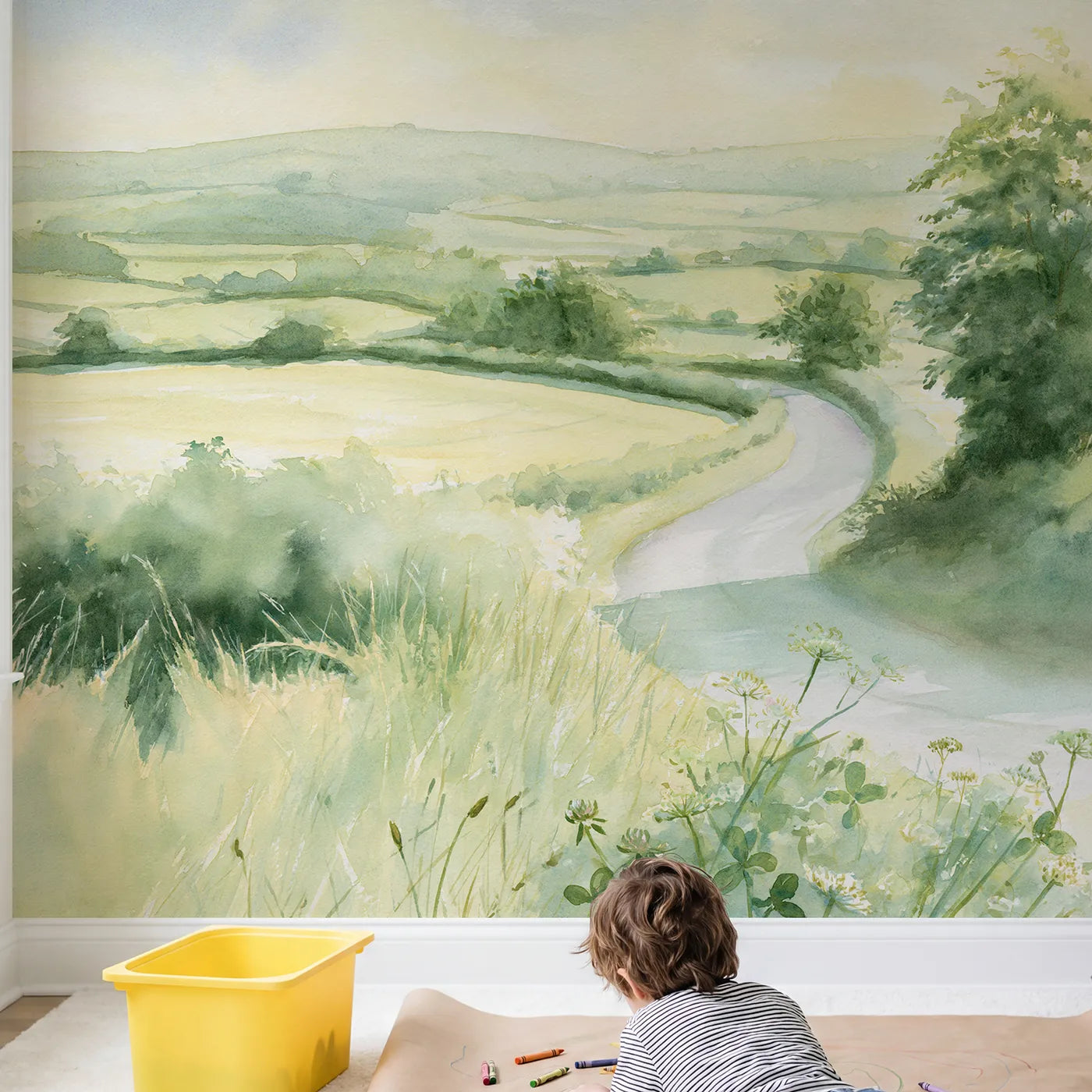 Child in nursery with Country Lane Hush Wallpaper Mural by Whimsy Tots