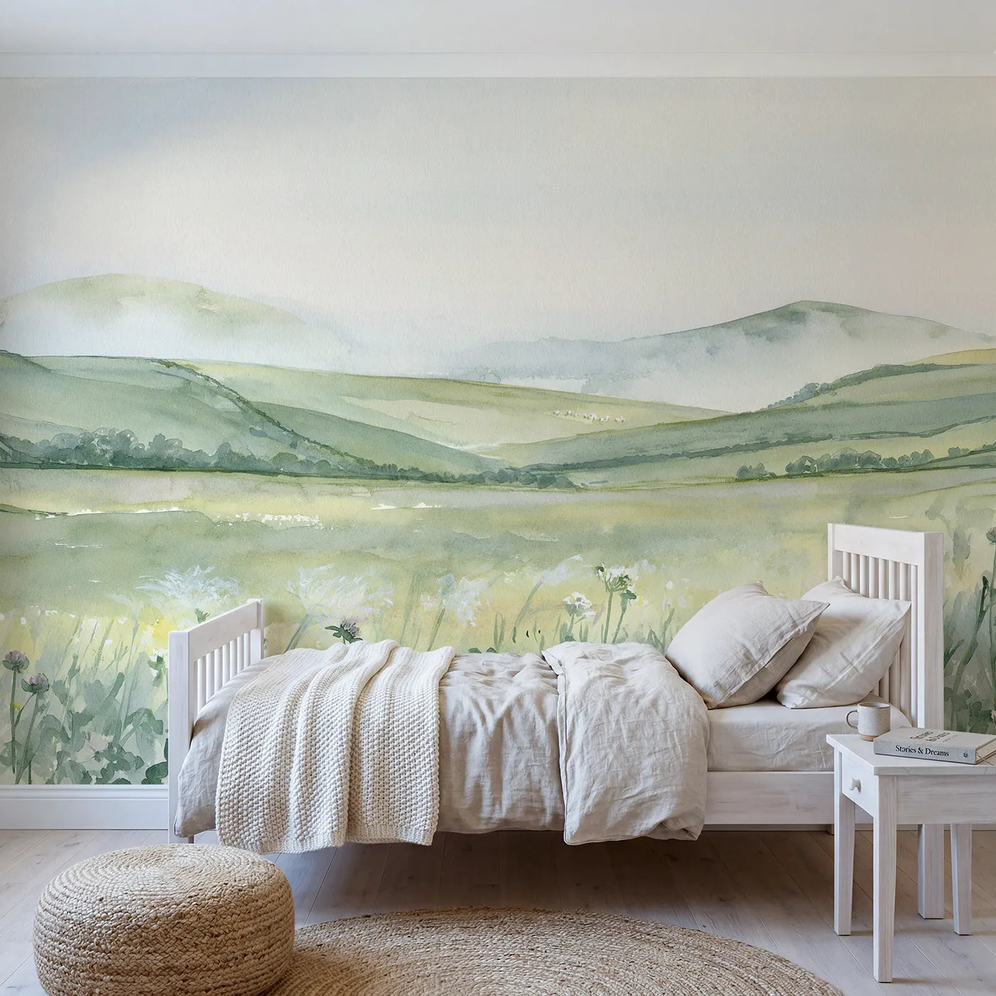 Watercolor wall mural of distant grazing hills by Whimsy Tots