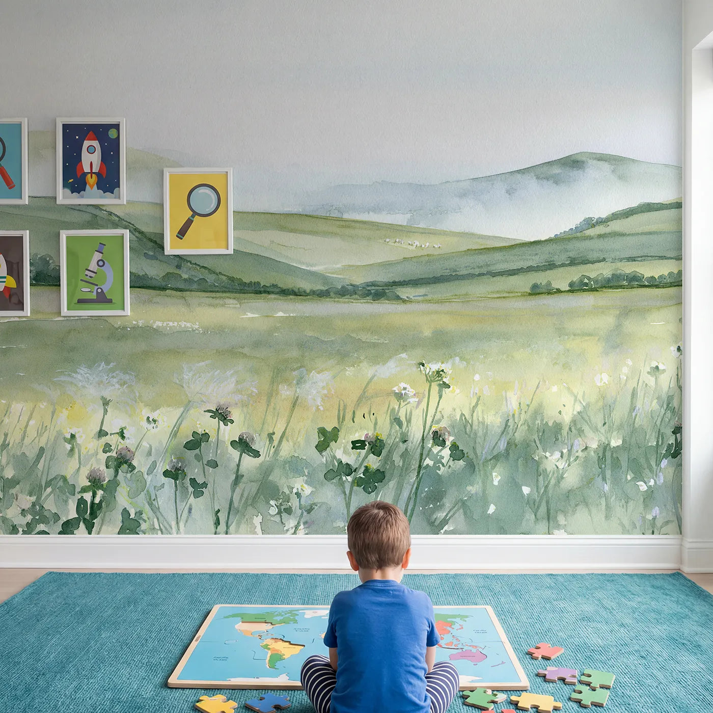 Child in nursery with Distant Grazing Hills Wallpaper Mural by Whimsy Tots