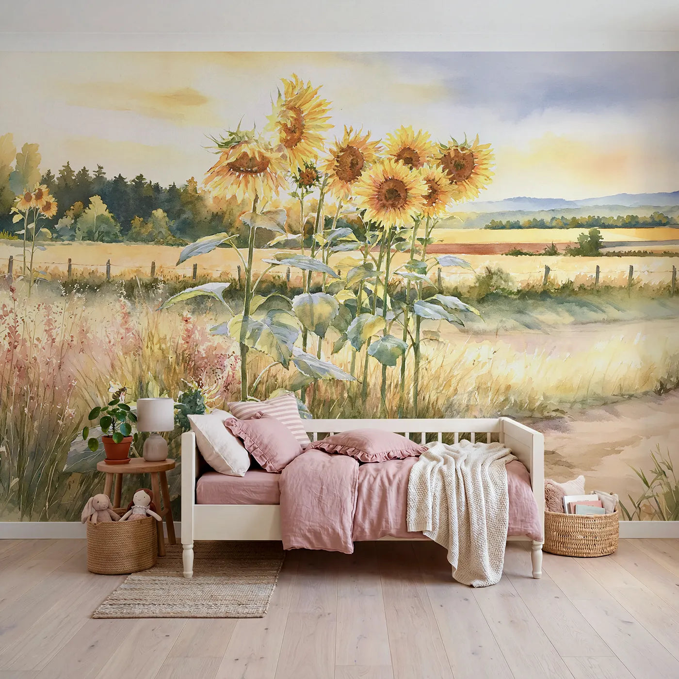 Watercolor wall mural of a sunflower field study by Whimsy Tots