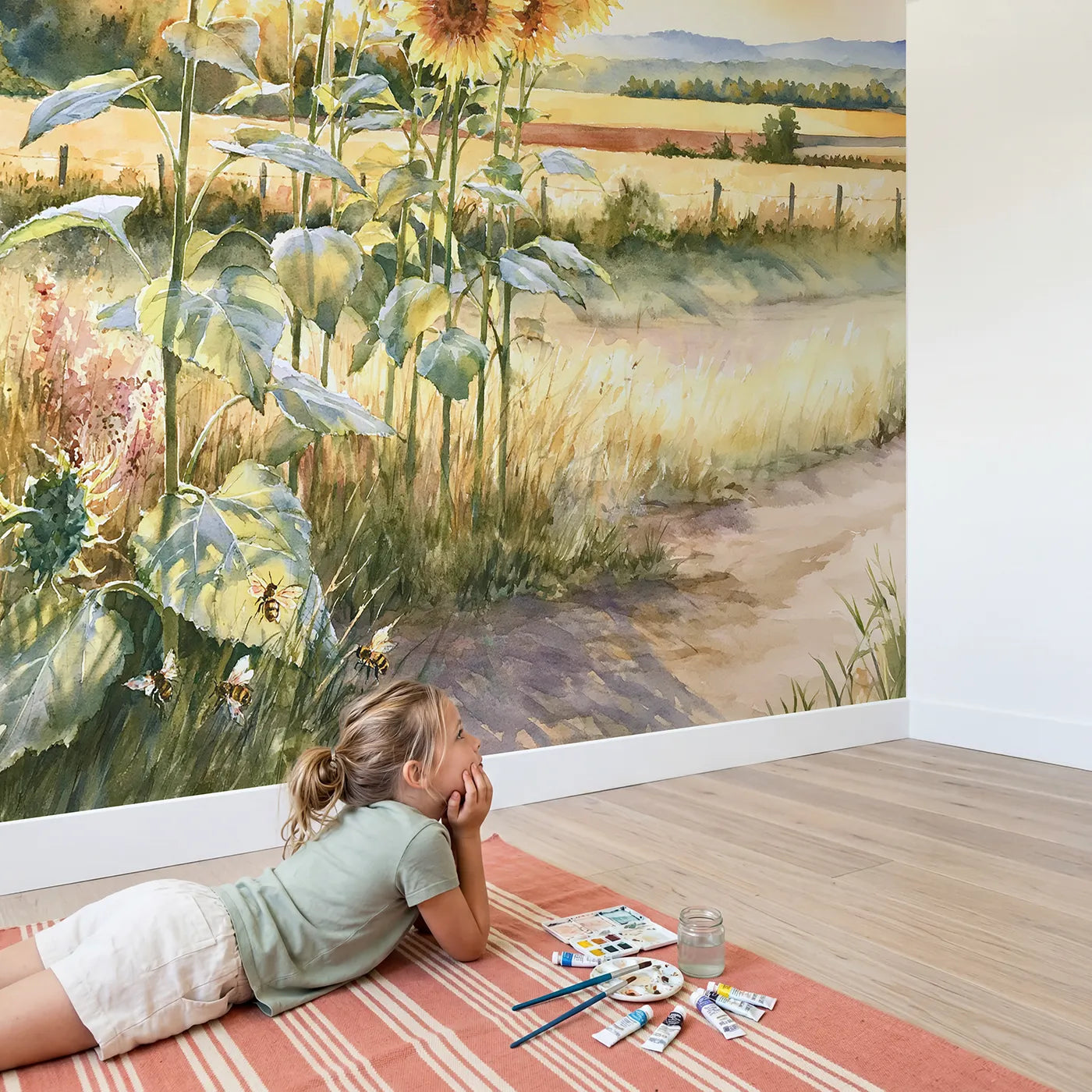 Child in nursery with Sunflower Field Study Wallpaper Mural by Whimsy Tots