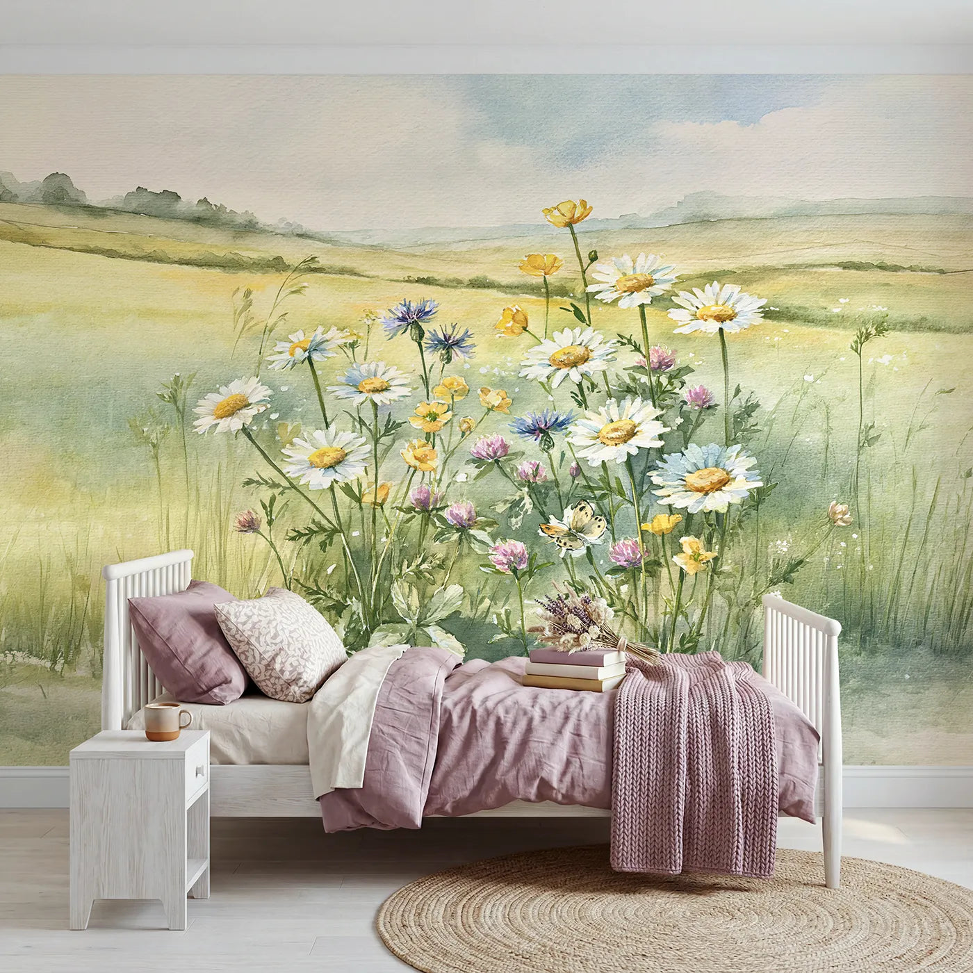 Watercolor wall mural of a wildflower meadow patch by Whimsy Tots