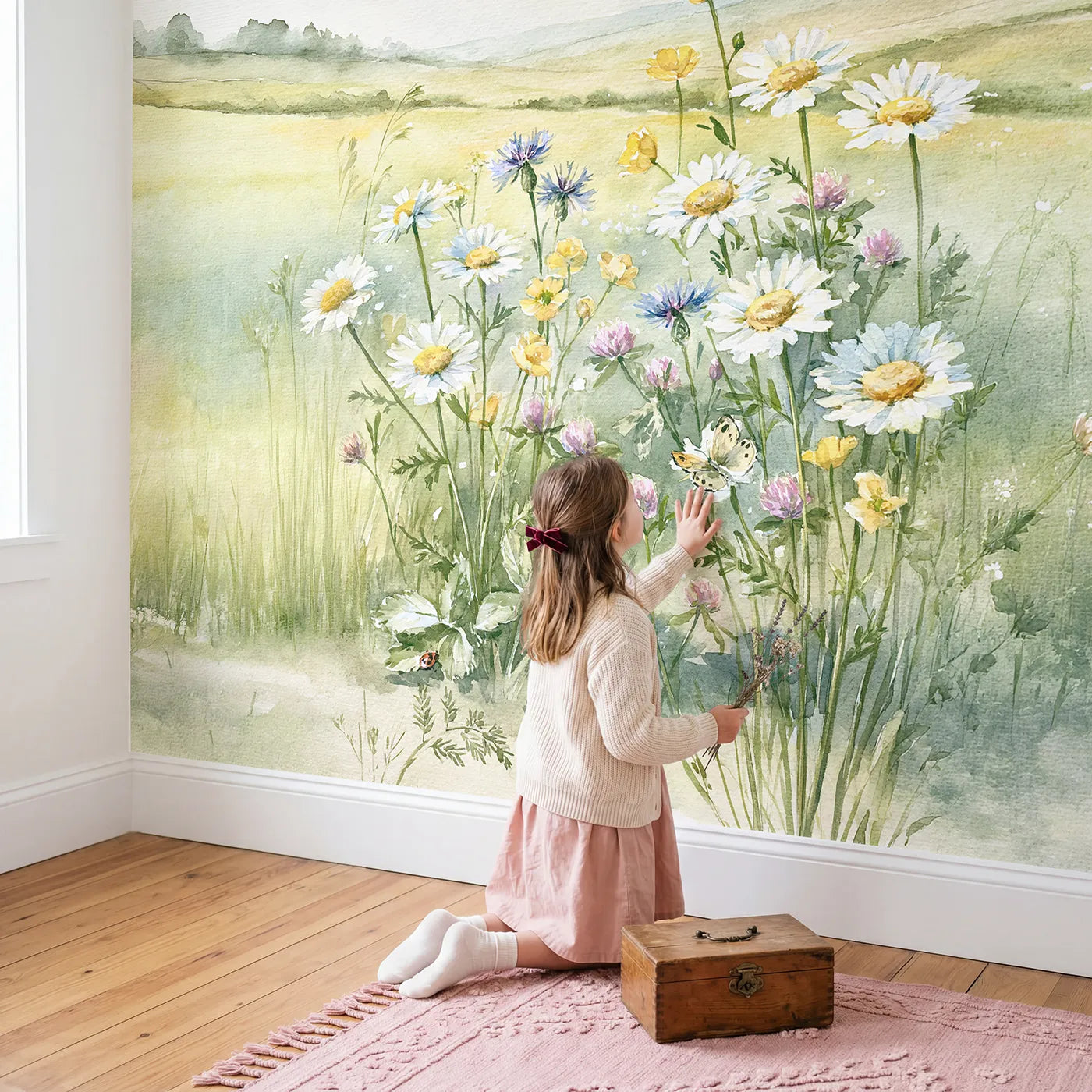 Child in nursery with Wildflower Meadow Patch Wallpaper Mural by Whimsy Tots