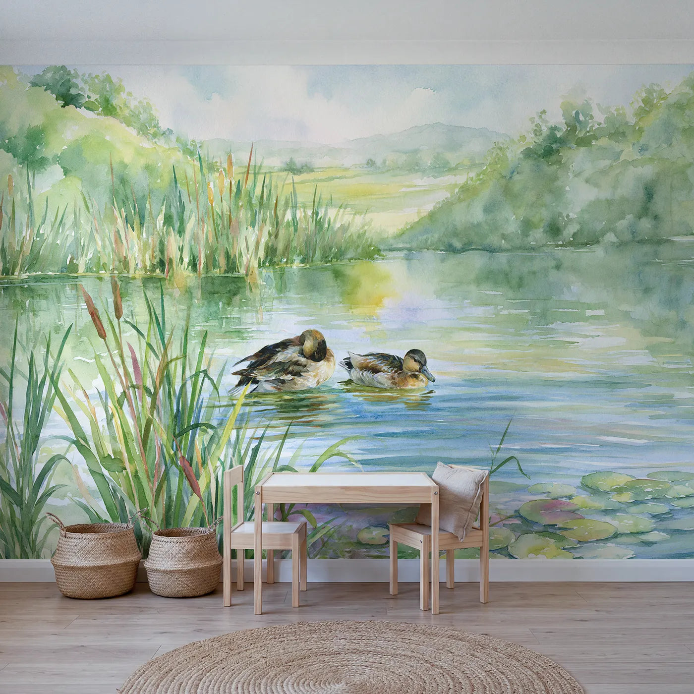 Watercolor wall mural of ducks on a calm reed pond by Whimsy Tots