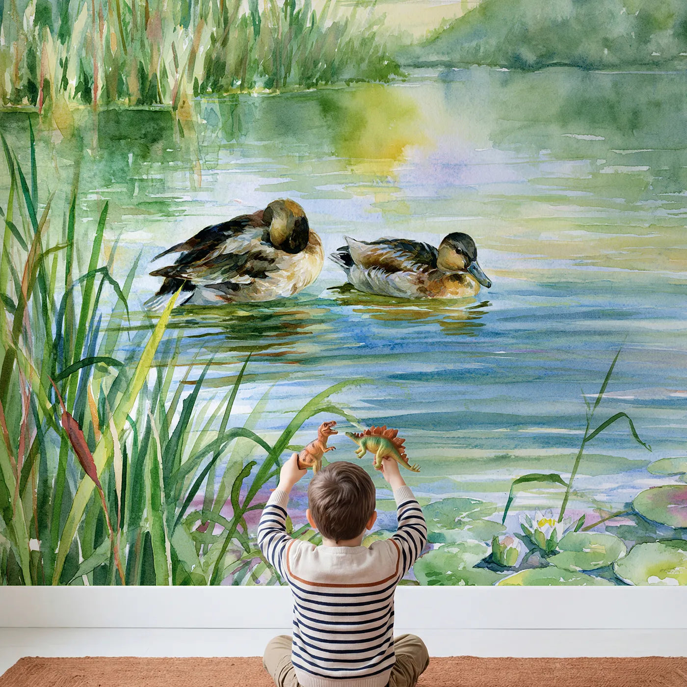 Child in nursery with Duck Pond Reeds Wallpaper Mural by Whimsy Tots
