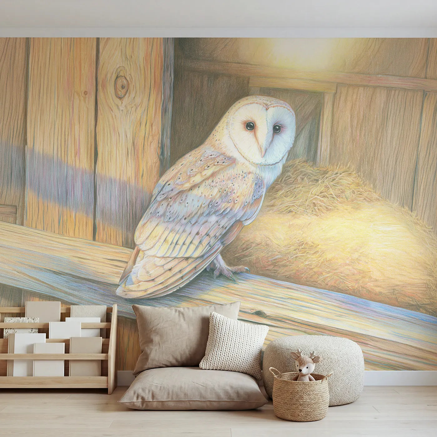 Colored-pencil wall mural of a gentle barn owl by Whimsy Tots