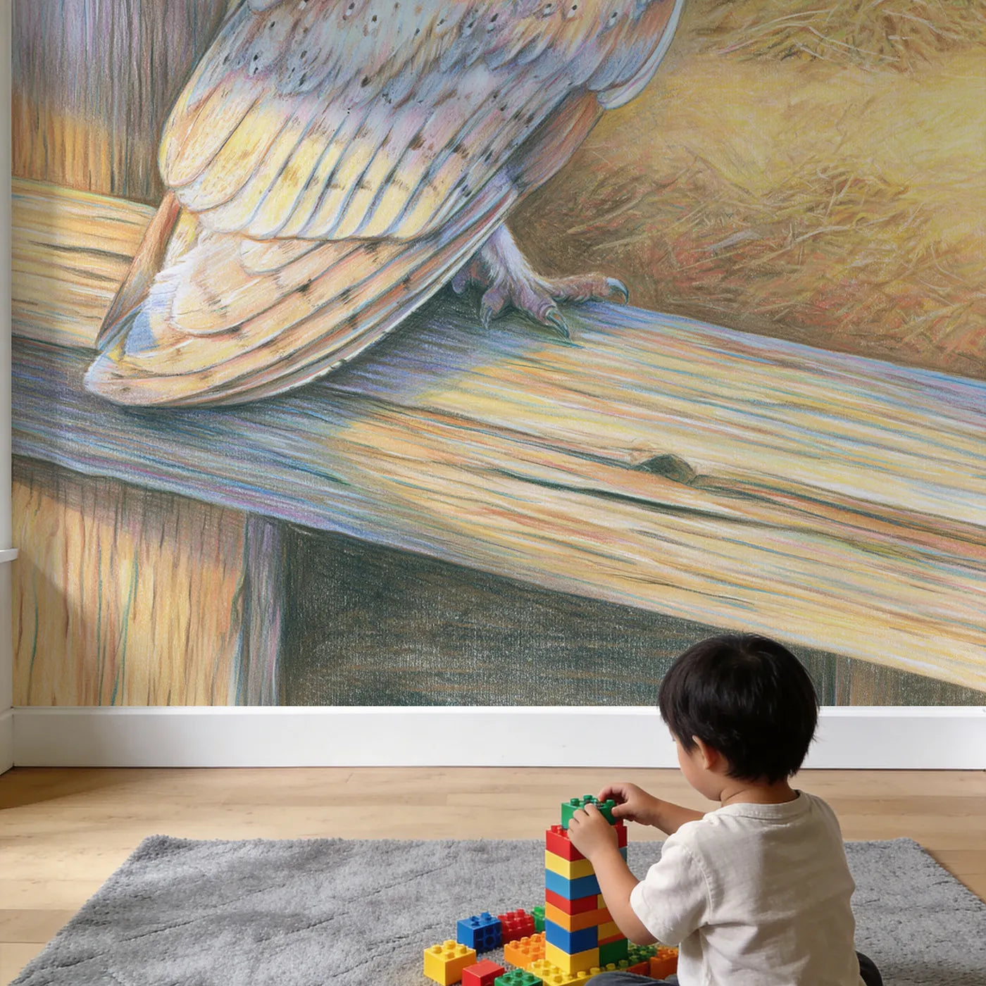 Child in nursery with Gentle Barn Owl Wallpaper Mural by Whimsy Tots