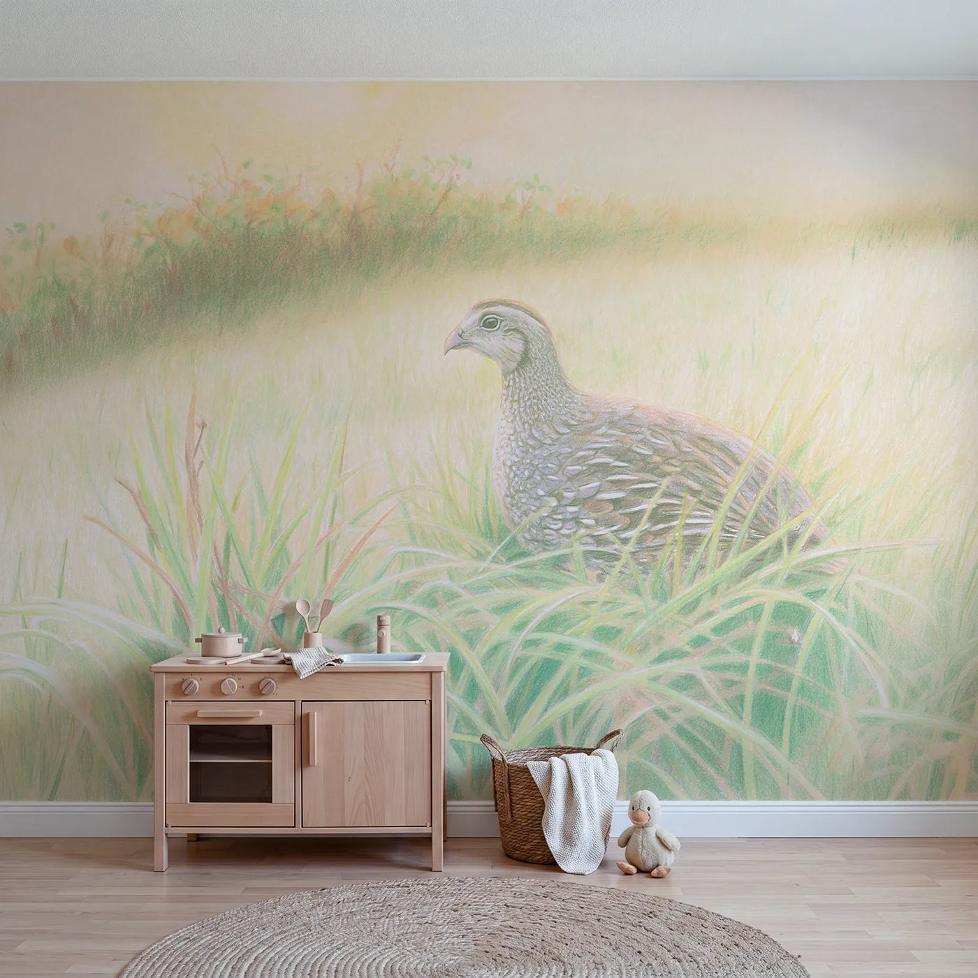 Colored-pencil wall mural of a speckled guinea fowl by Whimsy Tots