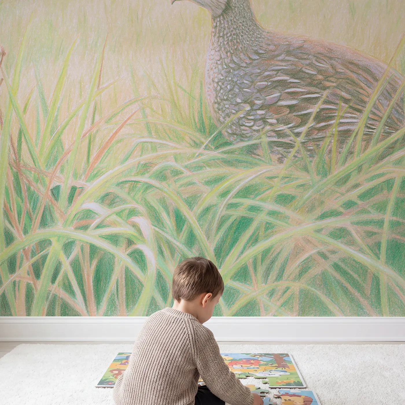 Child in nursery with Speckled Guinea Fowl Wallpaper Mural by Whimsy Tots