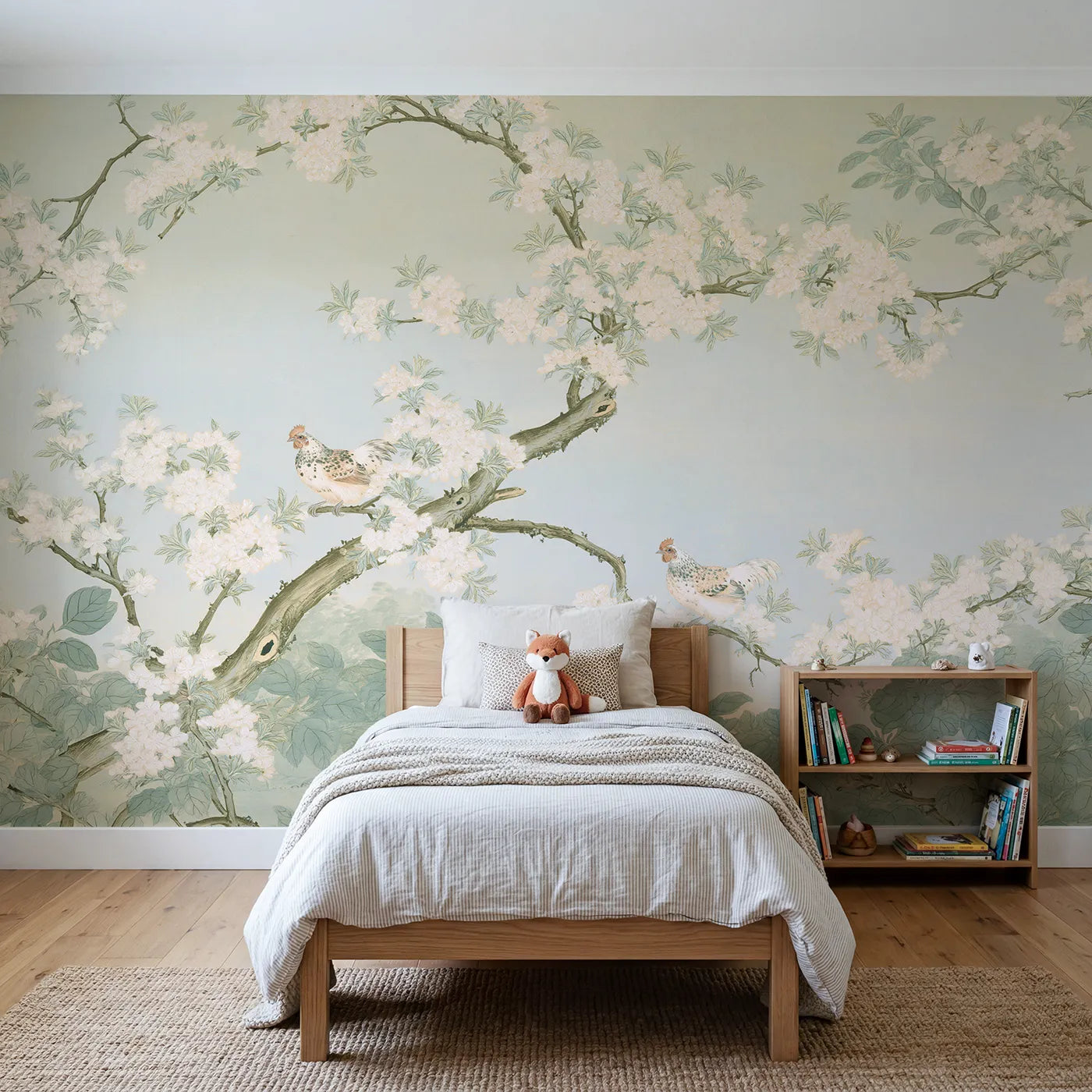 Botanical Elegance bantam hens among orchard blossom, wall mural for a bedroom by Whimsy Tots