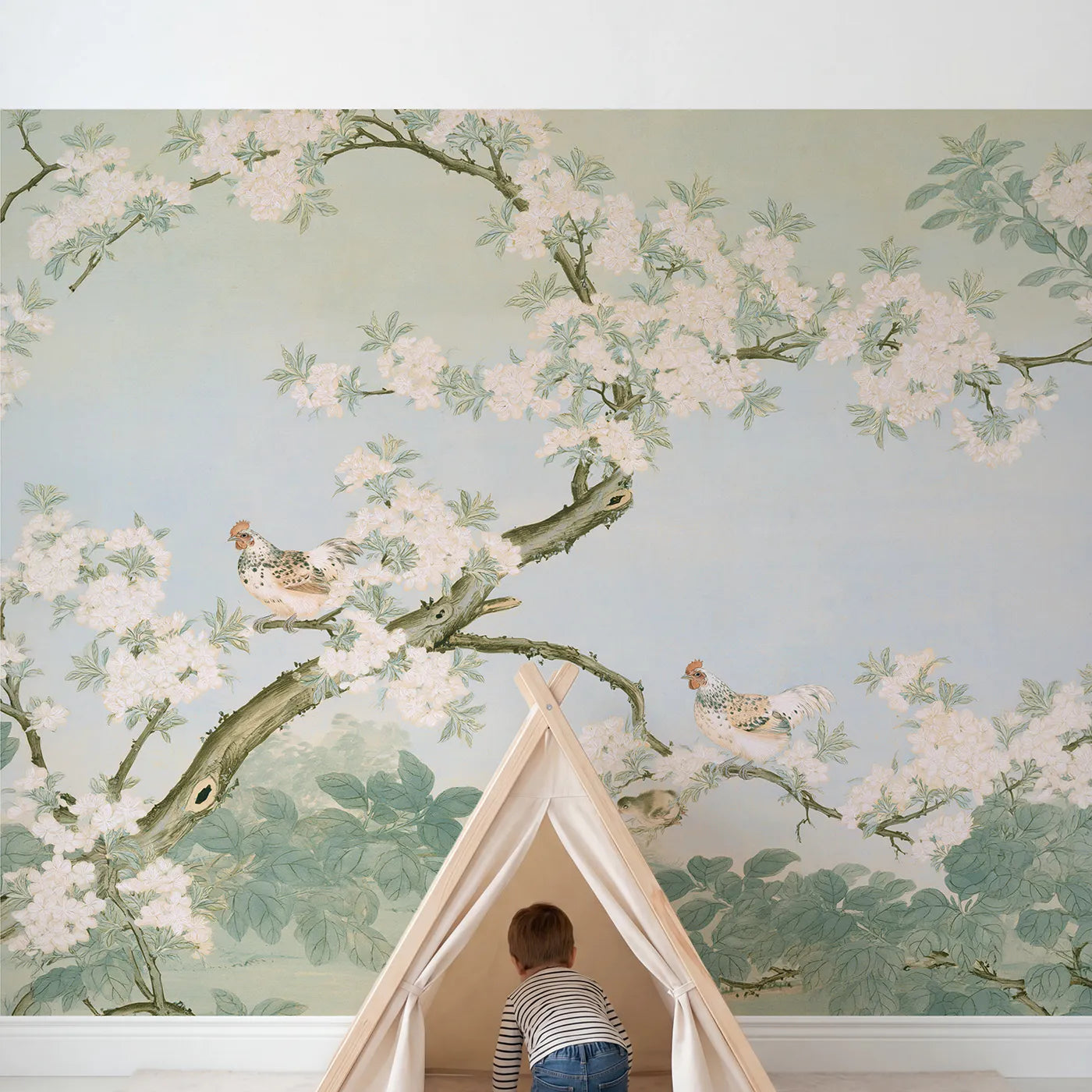 Child in nursery with The Orchard Bantams Wallpaper Mural by Whimsy Tots