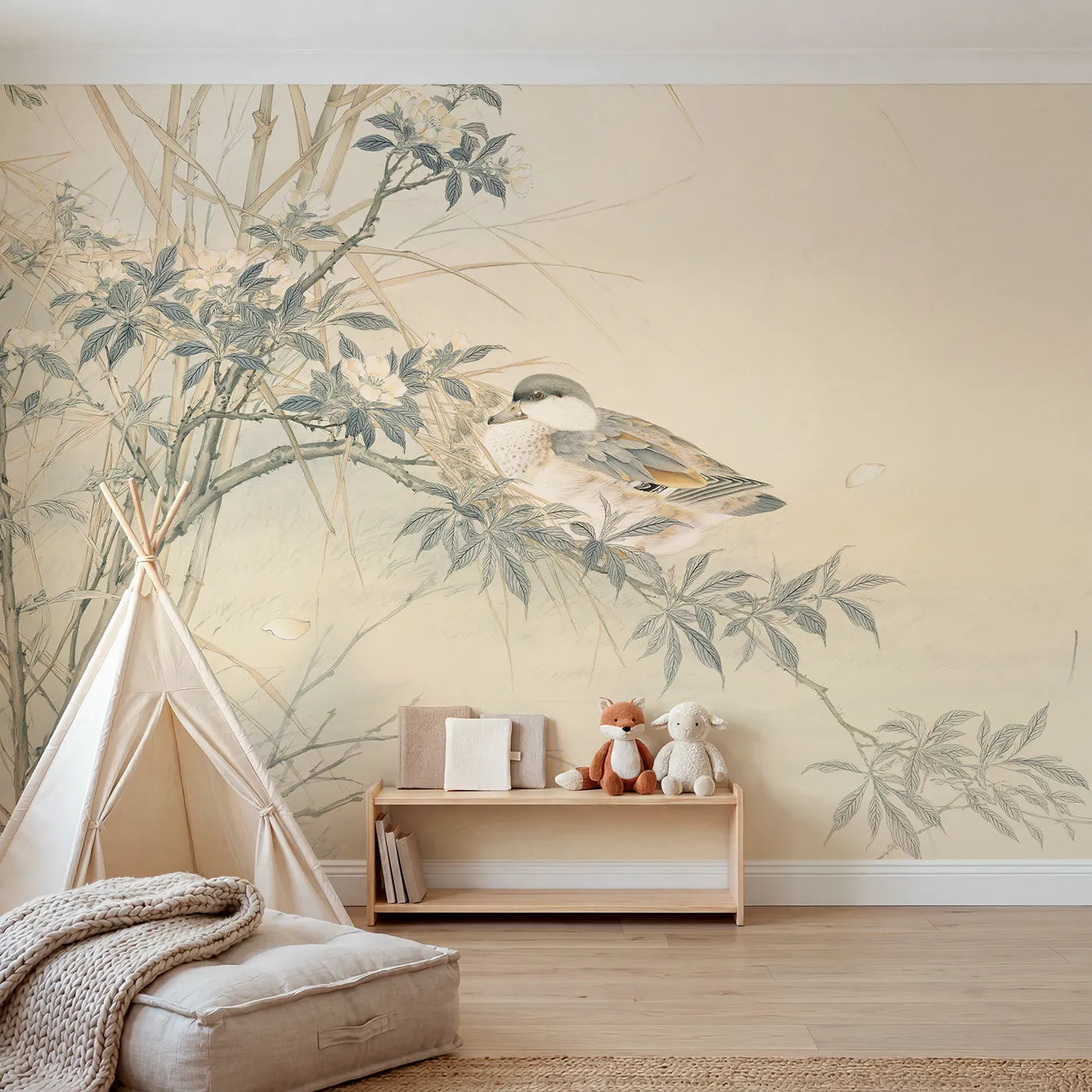 Chinoiserie wall mural of a duck on a reed branch by Whimsy Tots