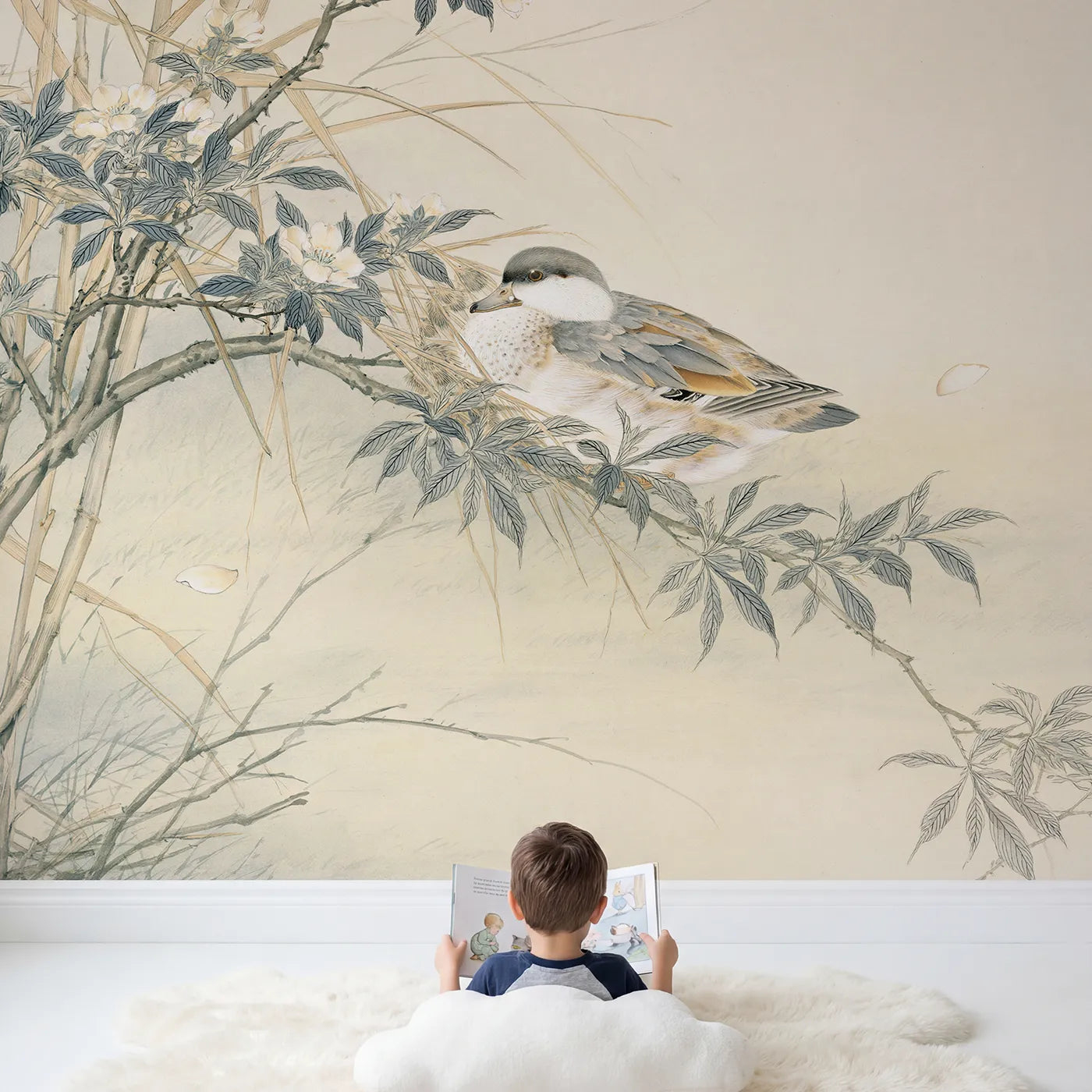 Child in nursery with Duck Reed Branch Wallpaper Mural by Whimsy Tots
