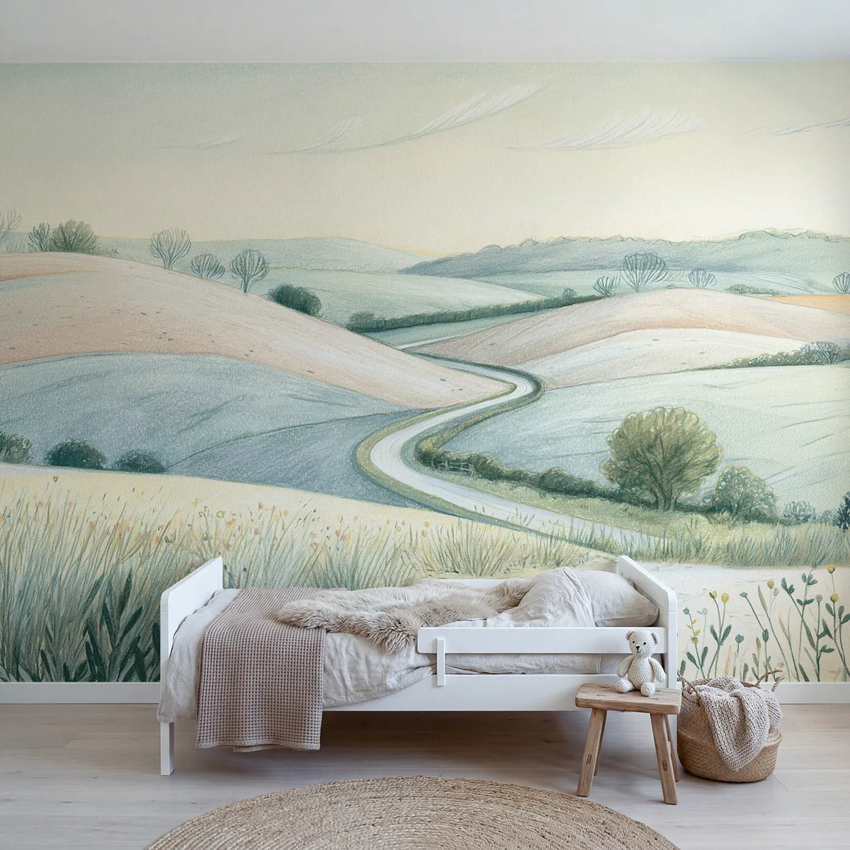 Colored-pencil wall mural of gentle farm hills and a path by Whimsy Tots