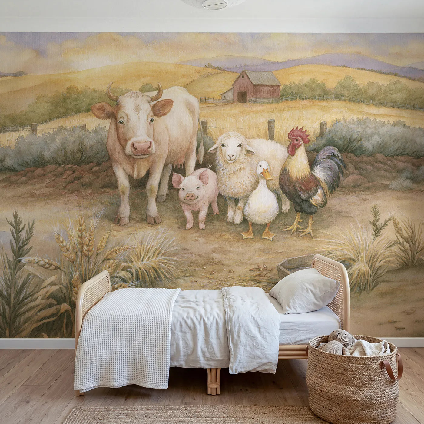 Storybook wall mural of farm friends gathered at morning by Whimsy Tots