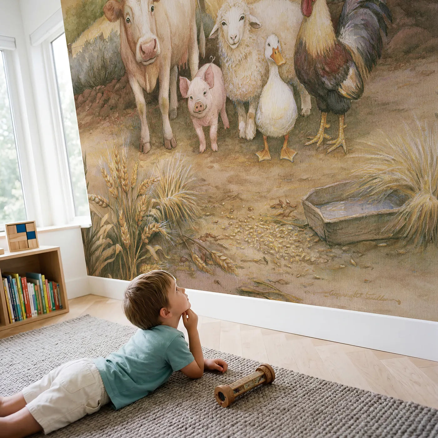 Child in nursery with Barnyard Morning Gather Wallpaper Mural by Whimsy Tots