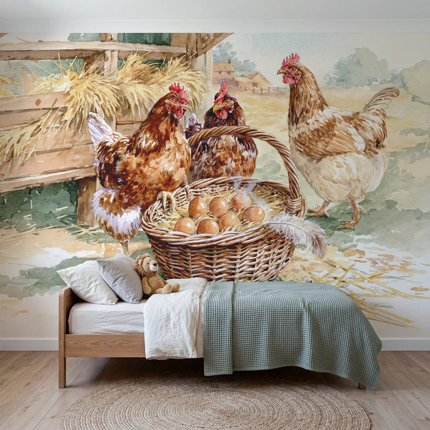 Watercolor egg basket at the henhouse nesting boxes, wall mural for a kids room by Whimsy Tots