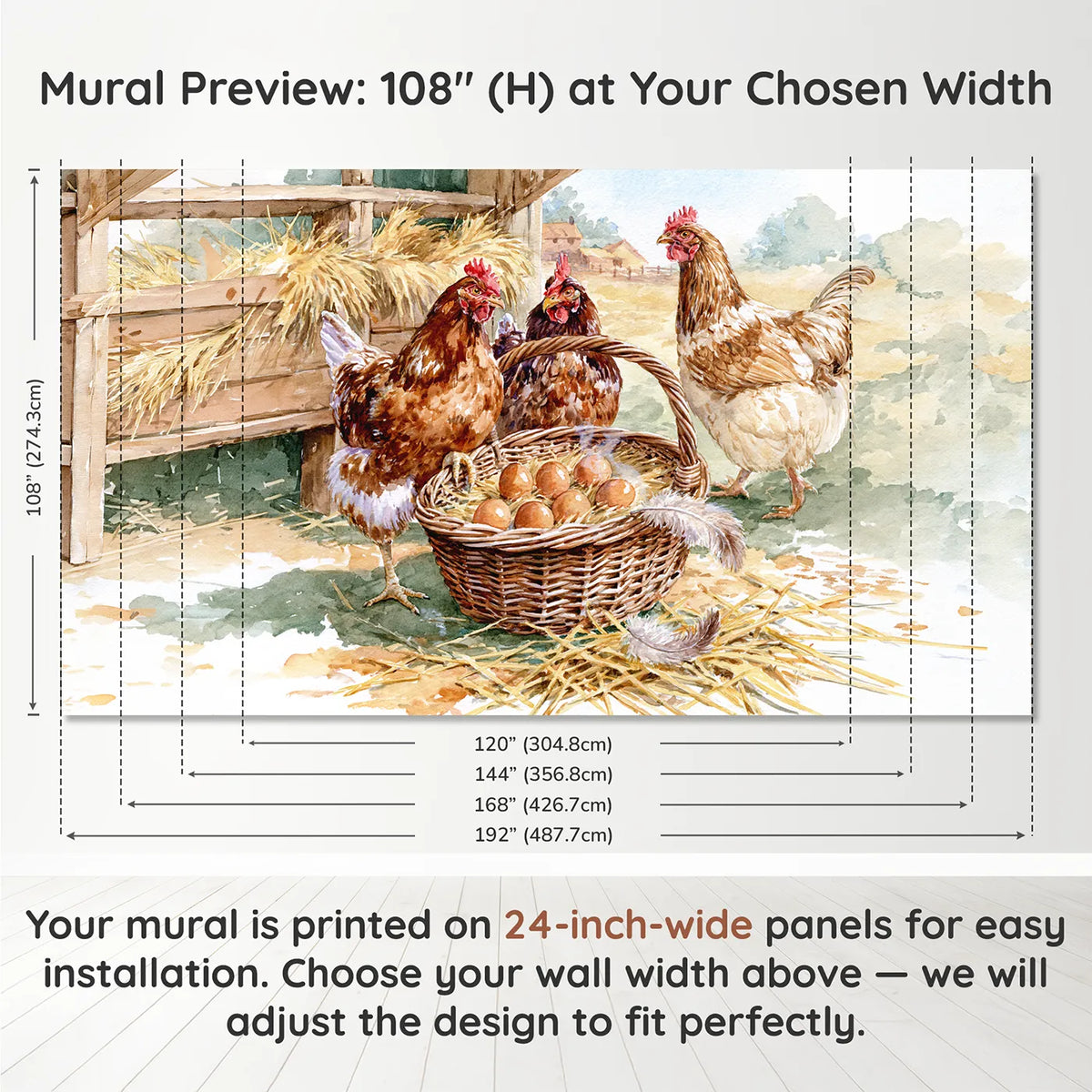 Panel layout and dimensions for The Egg Collection Round Wallpaper Mural by Whimsy Tots