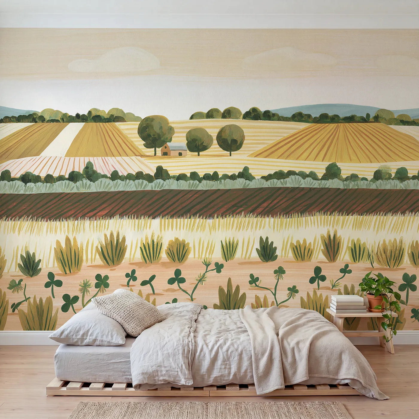 Gouache wall mural of rolling folk country hills by Whimsy Tots