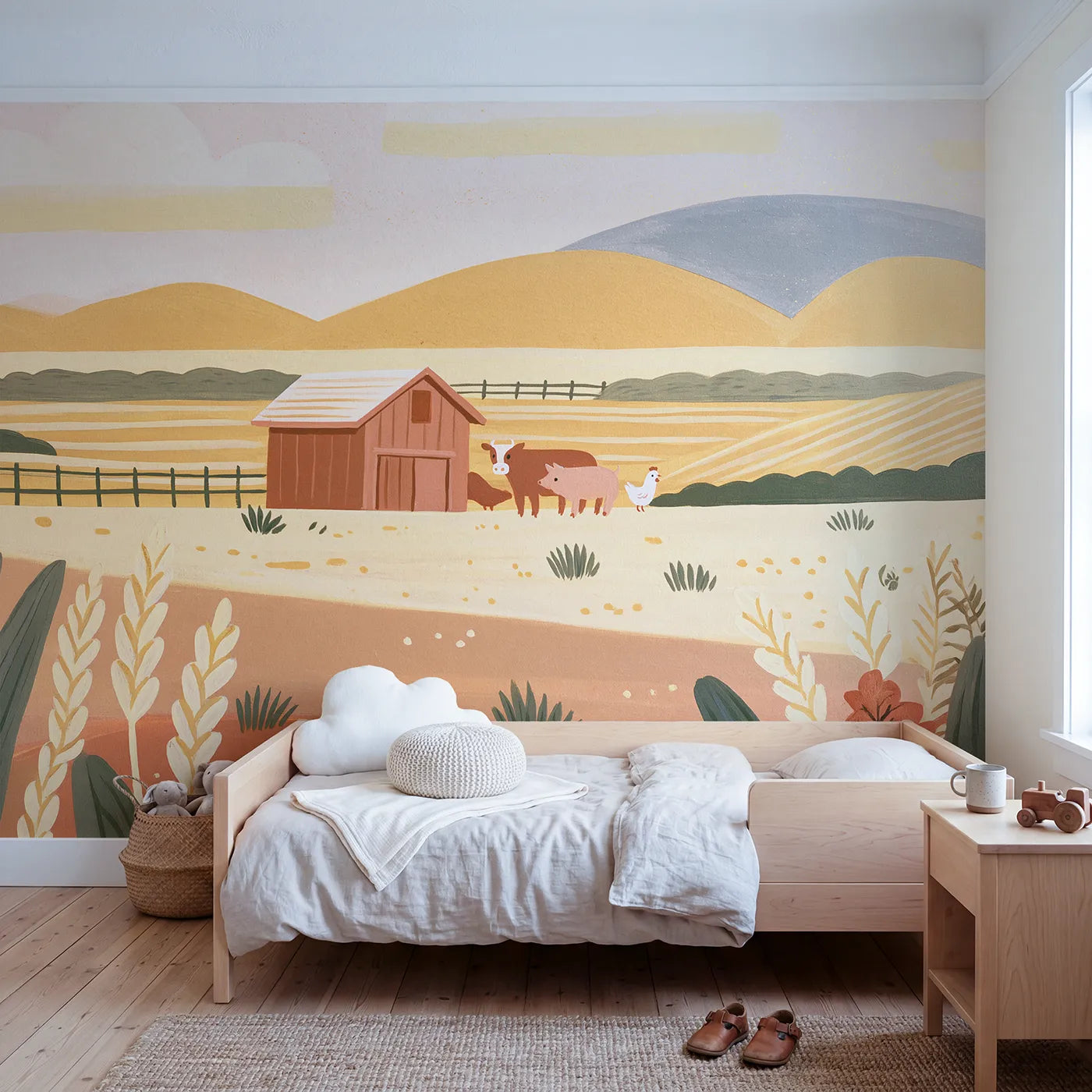 Gouache wall mural of a folk barn scene by Whimsy Tots