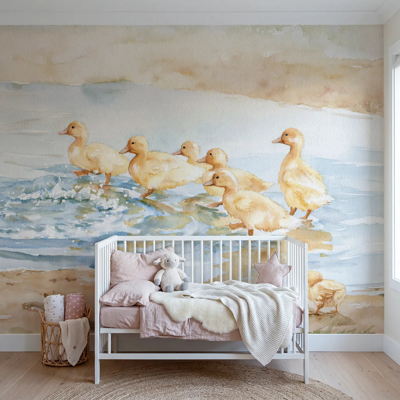 Watercolor ducklings marching through a farmyard puddle, wall mural for a kids room by Whimsy Tots