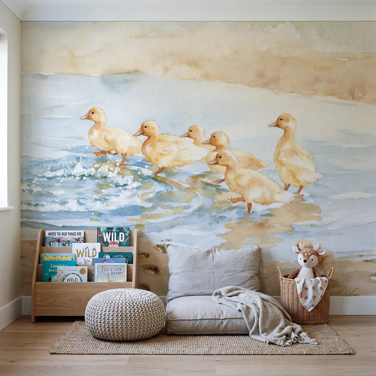 The Puddle Parade Wallpaper Mural in playroom setting by Whimsy Tots