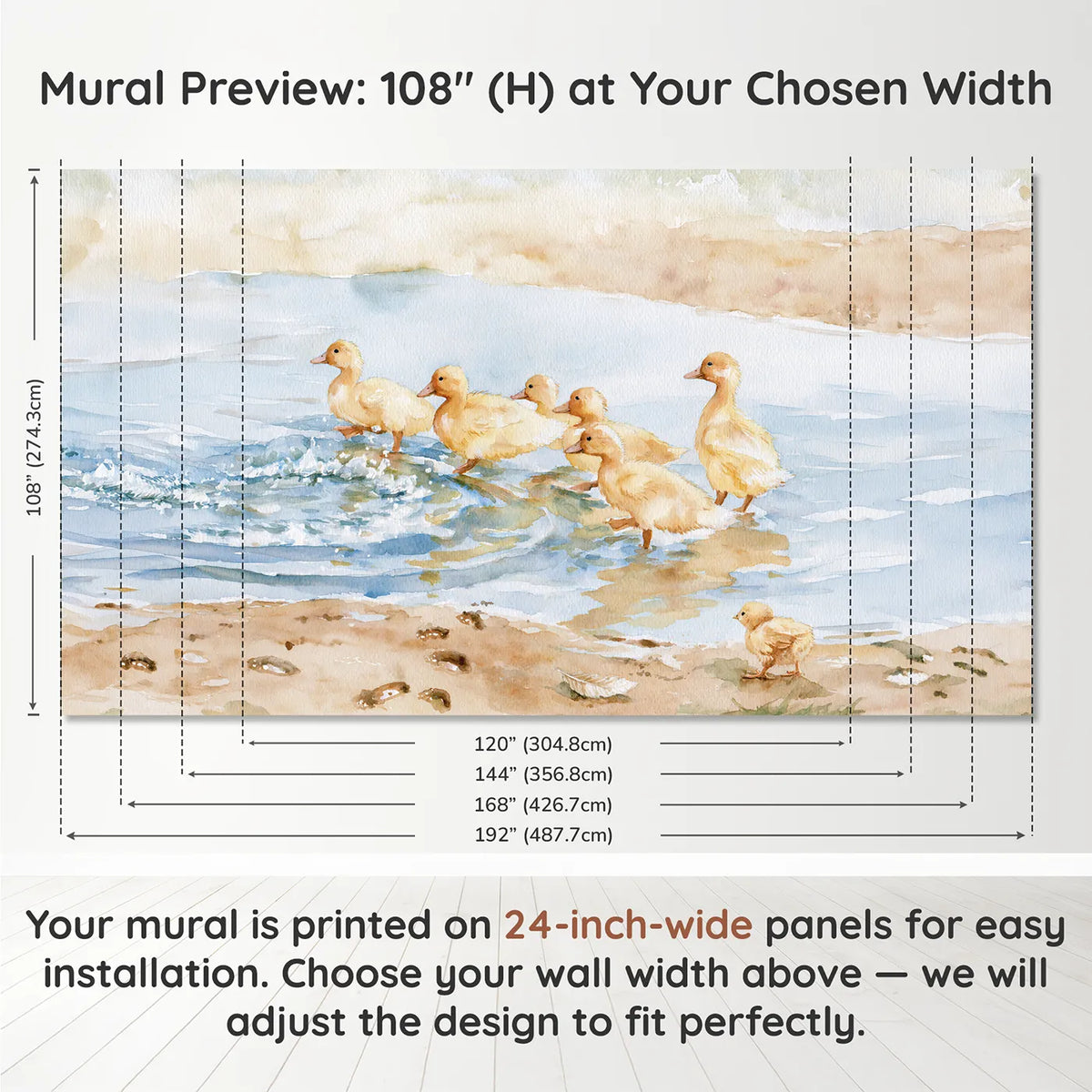 Panel layout and dimensions for The Puddle Parade Wallpaper Mural by Whimsy Tots
