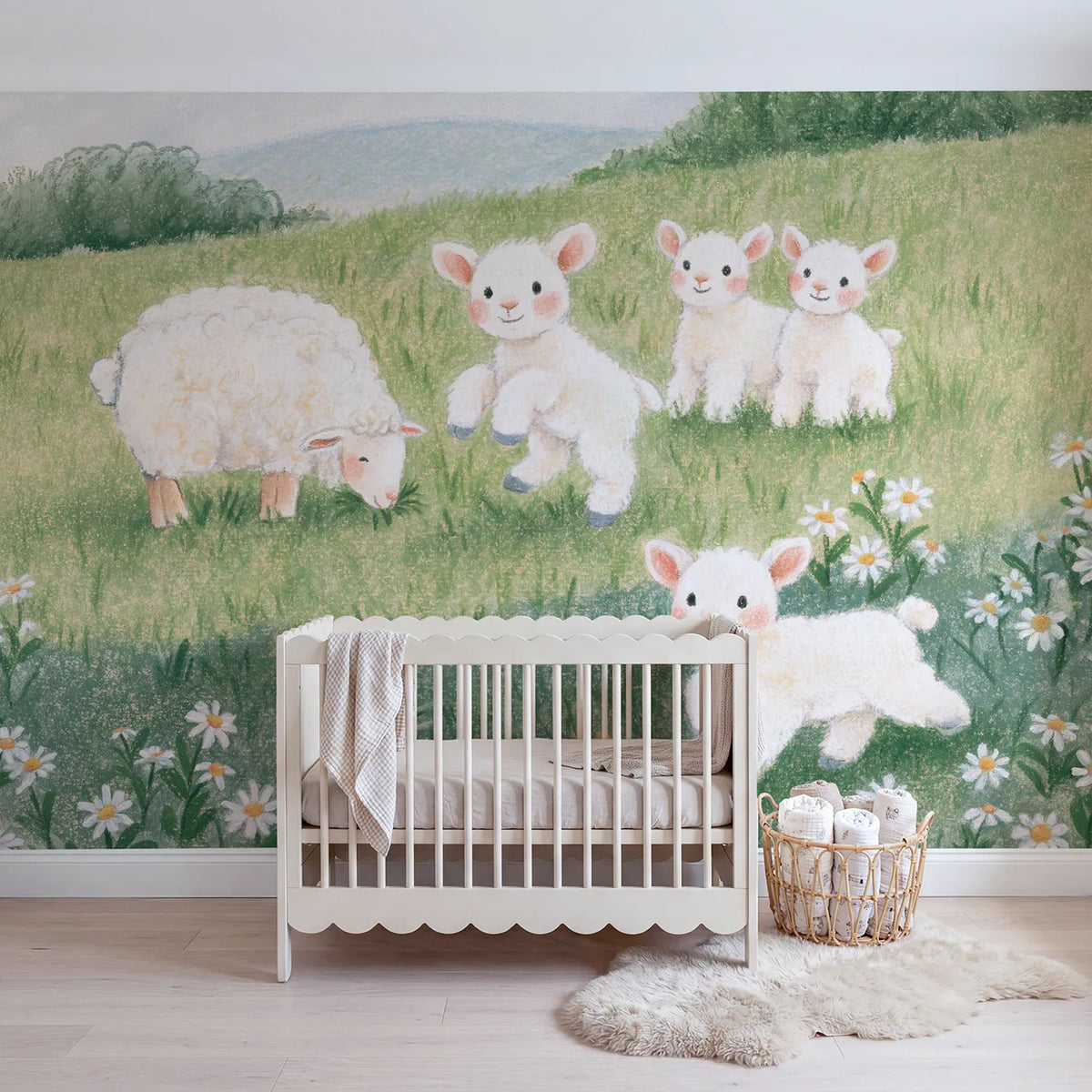 Colored Pencil bouncing lamb in a spring pasture, wall mural for a playroom by Whimsy Tots