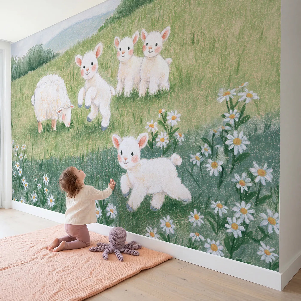 Child in nursery with The Lamb Who Bounces Wallpaper Mural by Whimsy Tots