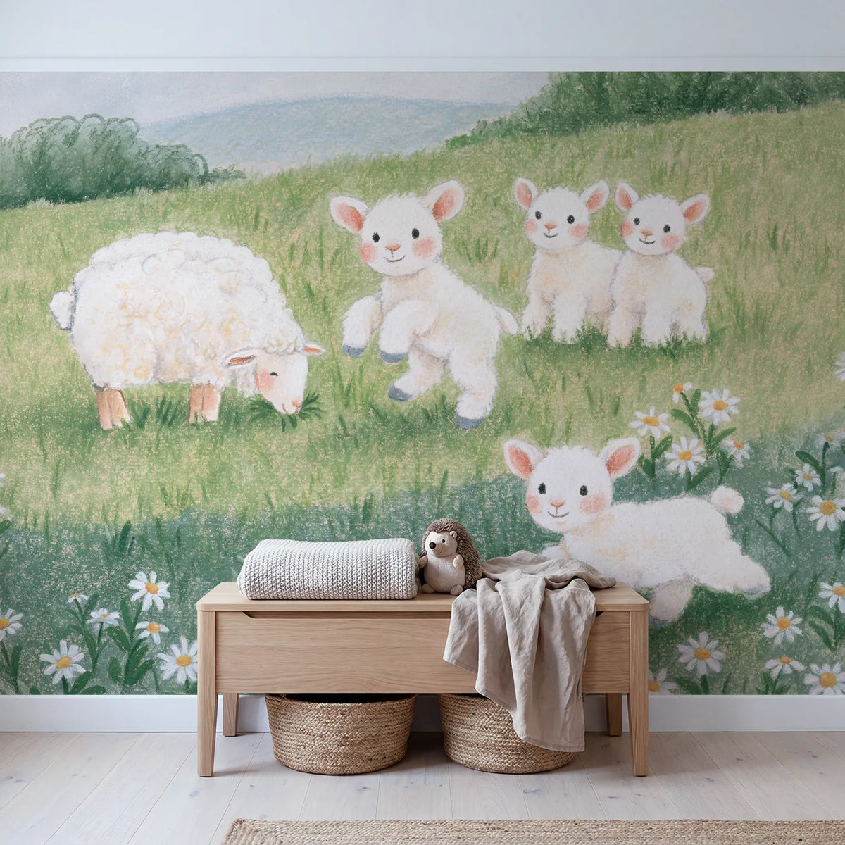 The Lamb Who Bounces Wallpaper Mural in playroom setting by Whimsy Tots