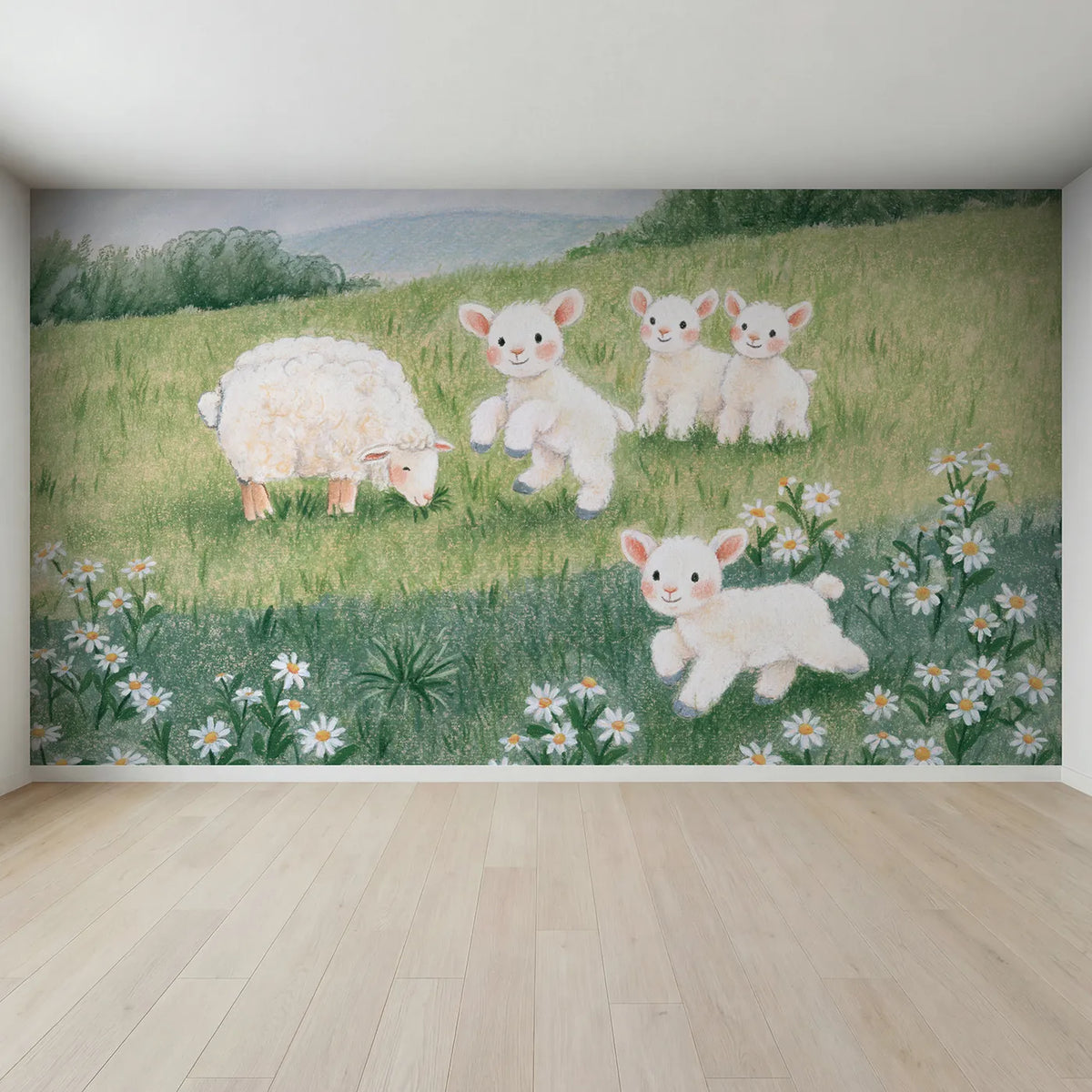 Full view of The Lamb Who Bounces Wallpaper Mural by Whimsy Tots