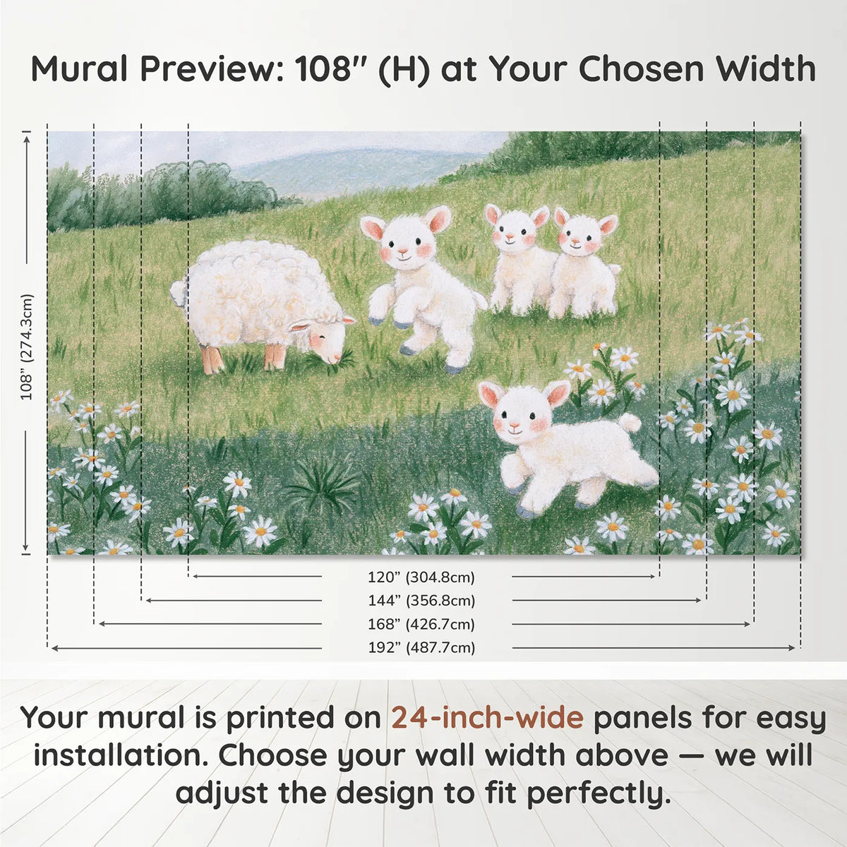 Panel layout and dimensions for The Lamb Who Bounces Wallpaper Mural by Whimsy Tots