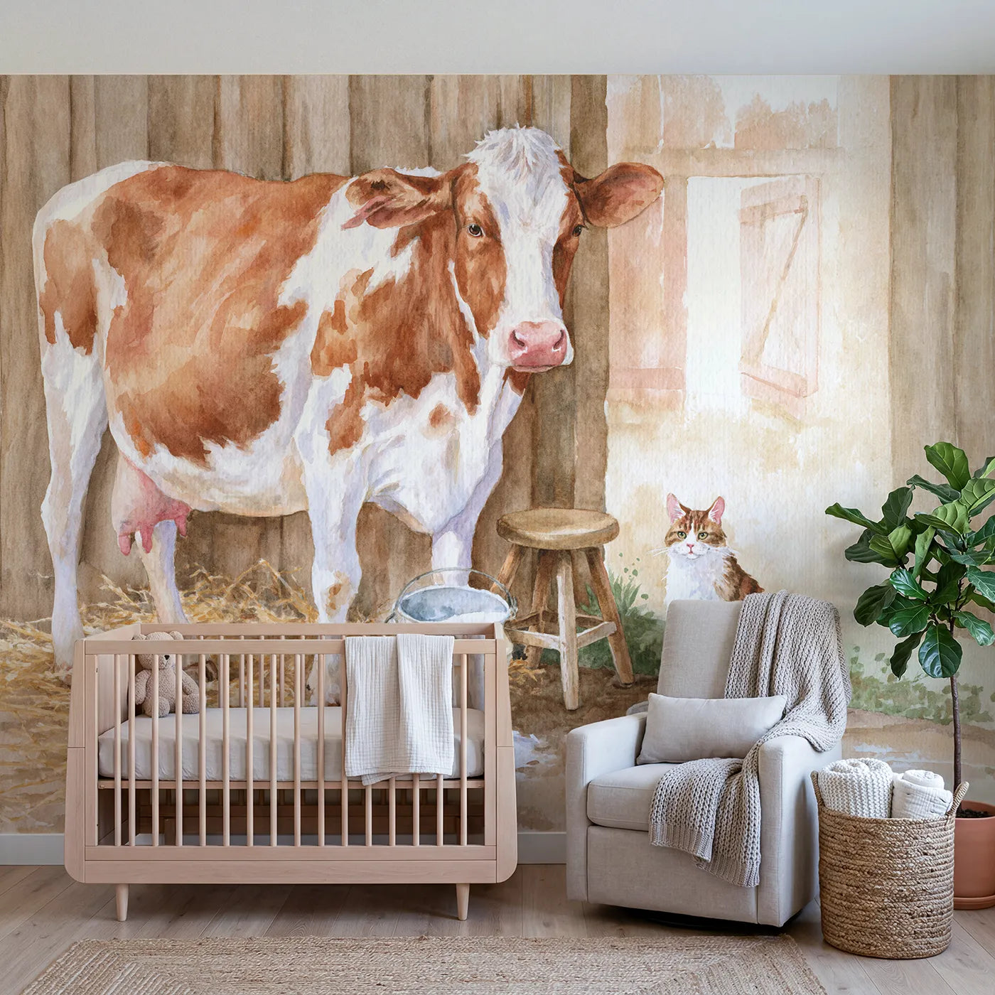 Watercolor morning milking in a light barn stall, wall mural for a toddler room by Whimsy Tots