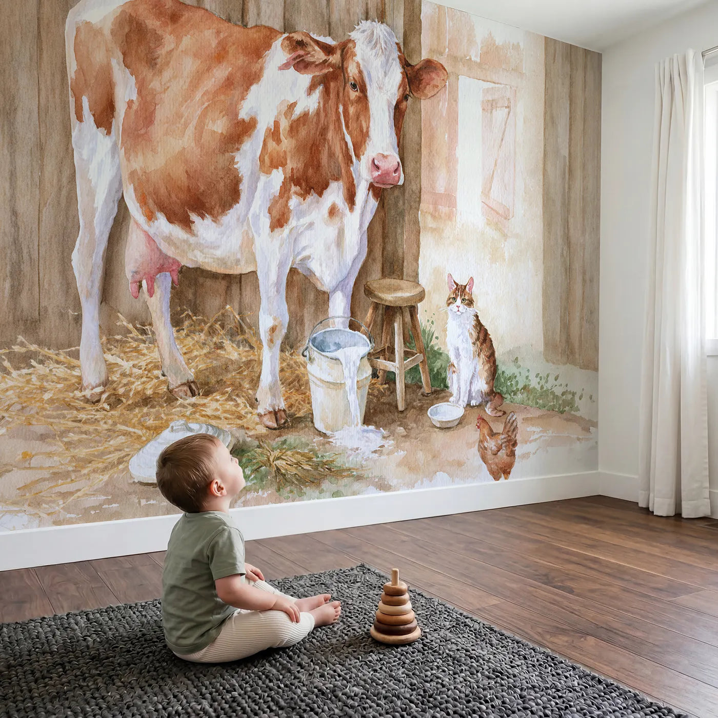 Child in nursery with The Milking Stool Wallpaper Mural by Whimsy Tots