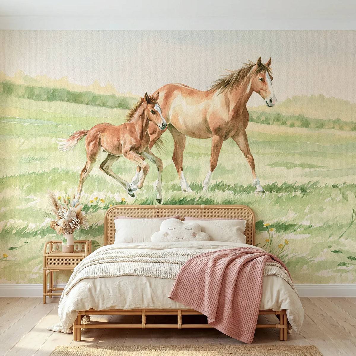Watercolor foal trying his first trot beside the mare, wall mural for a toddler room by Whimsy Tots