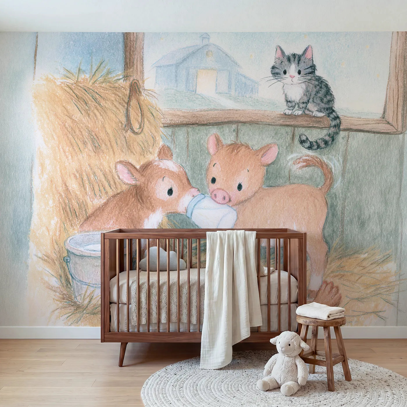 Colored Pencil calf taking a bottle in a straw pen, wall mural for a toddler room by Whimsy Tots