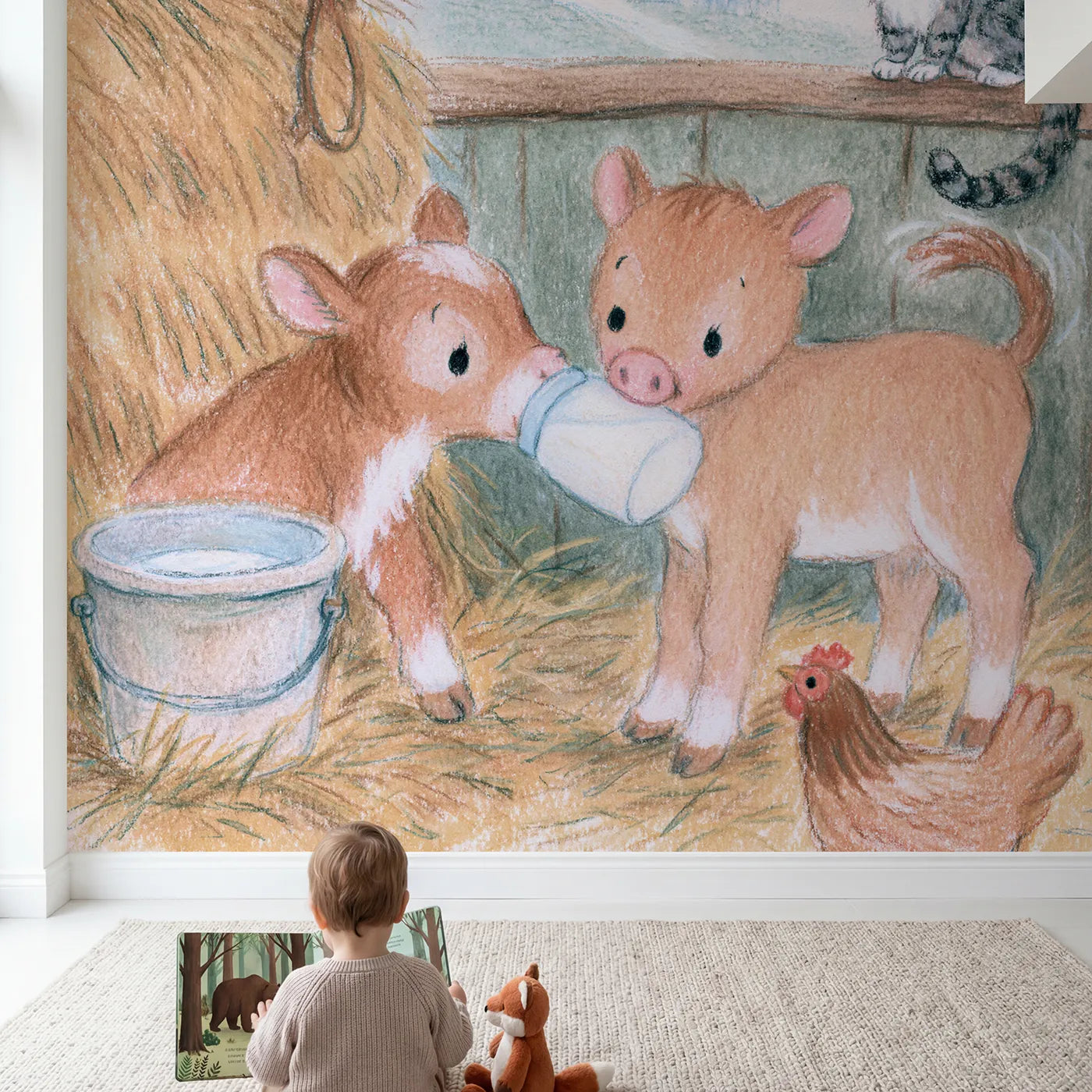 Child in nursery with The Bottle Feed Wallpaper Mural by Whimsy Tots