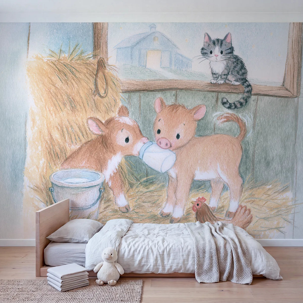 The Bottle Feed Wallpaper Mural in playroom setting by Whimsy Tots