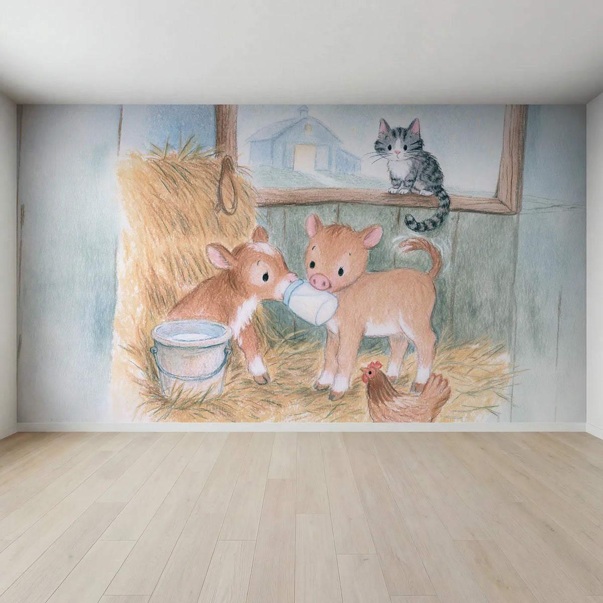 Full view of The Bottle Feed Wallpaper Mural by Whimsy Tots