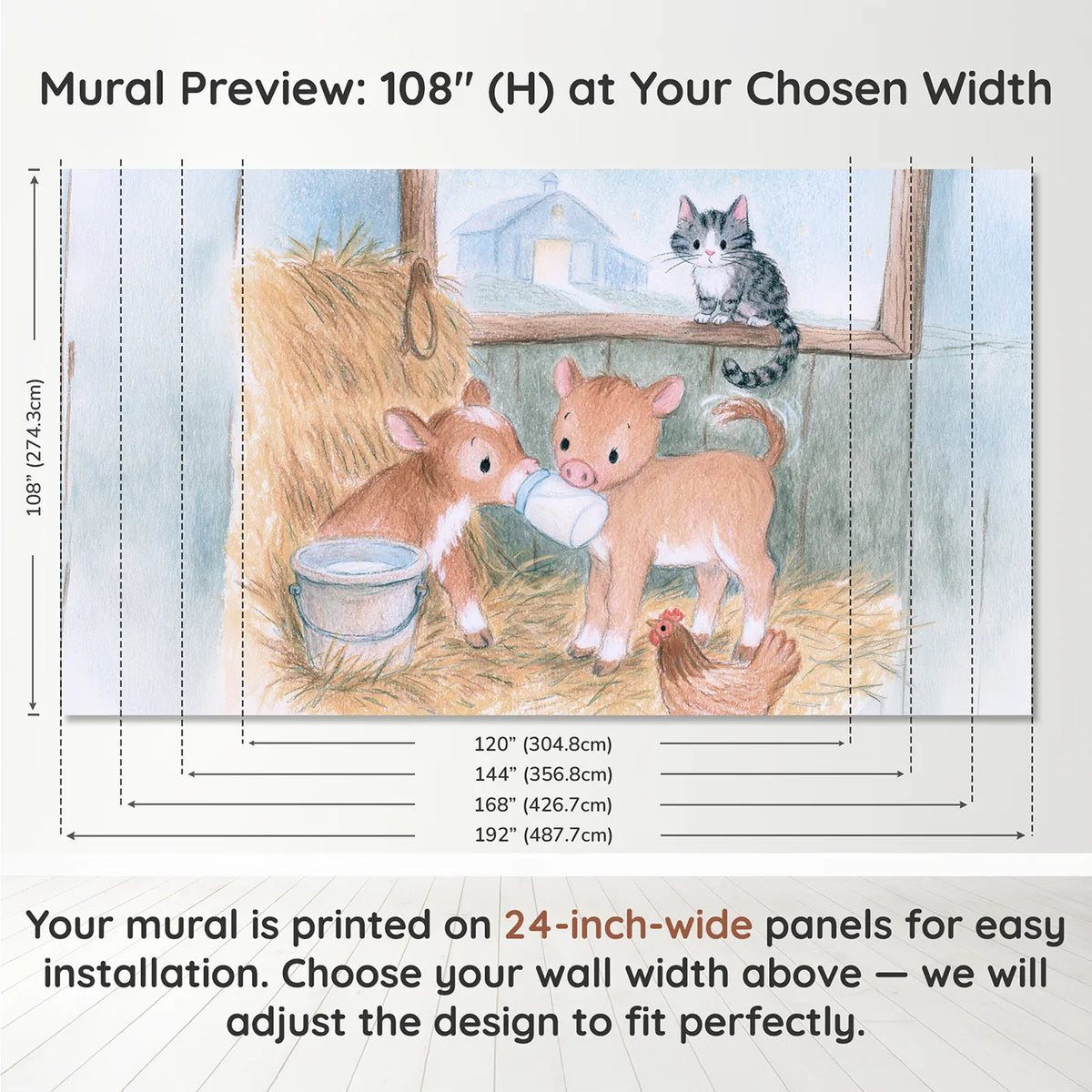 Panel layout and dimensions for The Bottle Feed Wallpaper Mural by Whimsy Tots