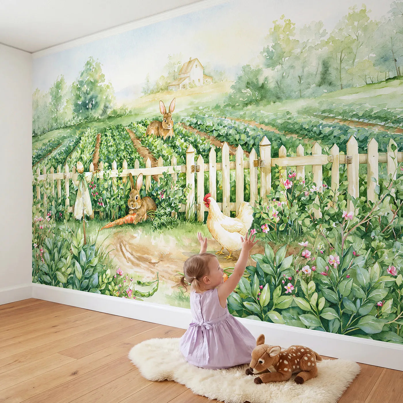 Child in nursery with The Vegetable Patch Raid Wallpaper Mural by Whimsy Tots