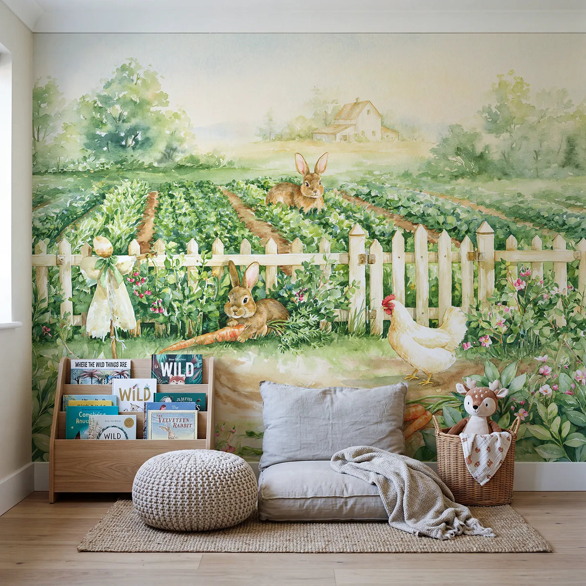 The Vegetable Patch Raid Wallpaper Mural in playroom setting by Whimsy Tots