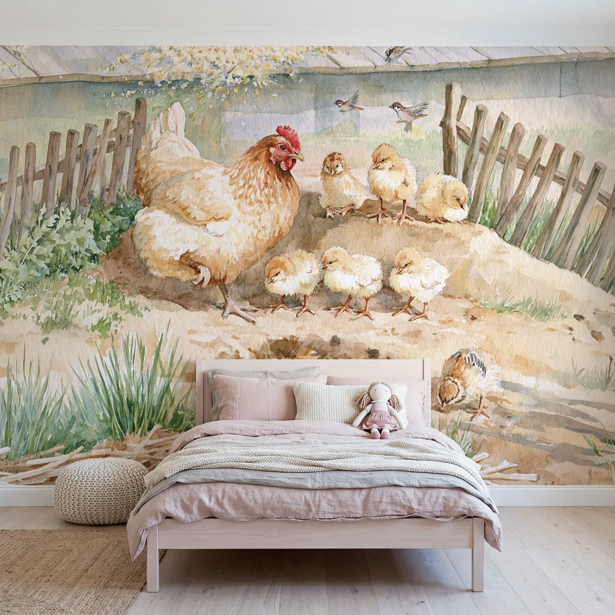 Watercolor hen teaching chicks to scratch for food, wall mural for a toddler room by Whimsy Tots