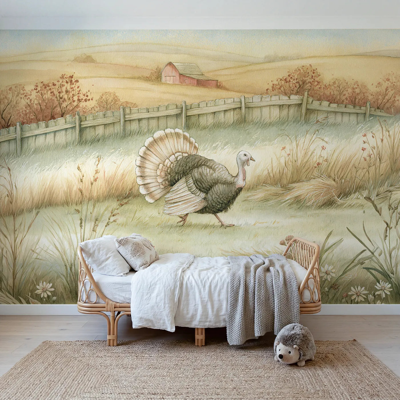 Storybook wall mural of a friendly farmyard turkey by Whimsy Tots