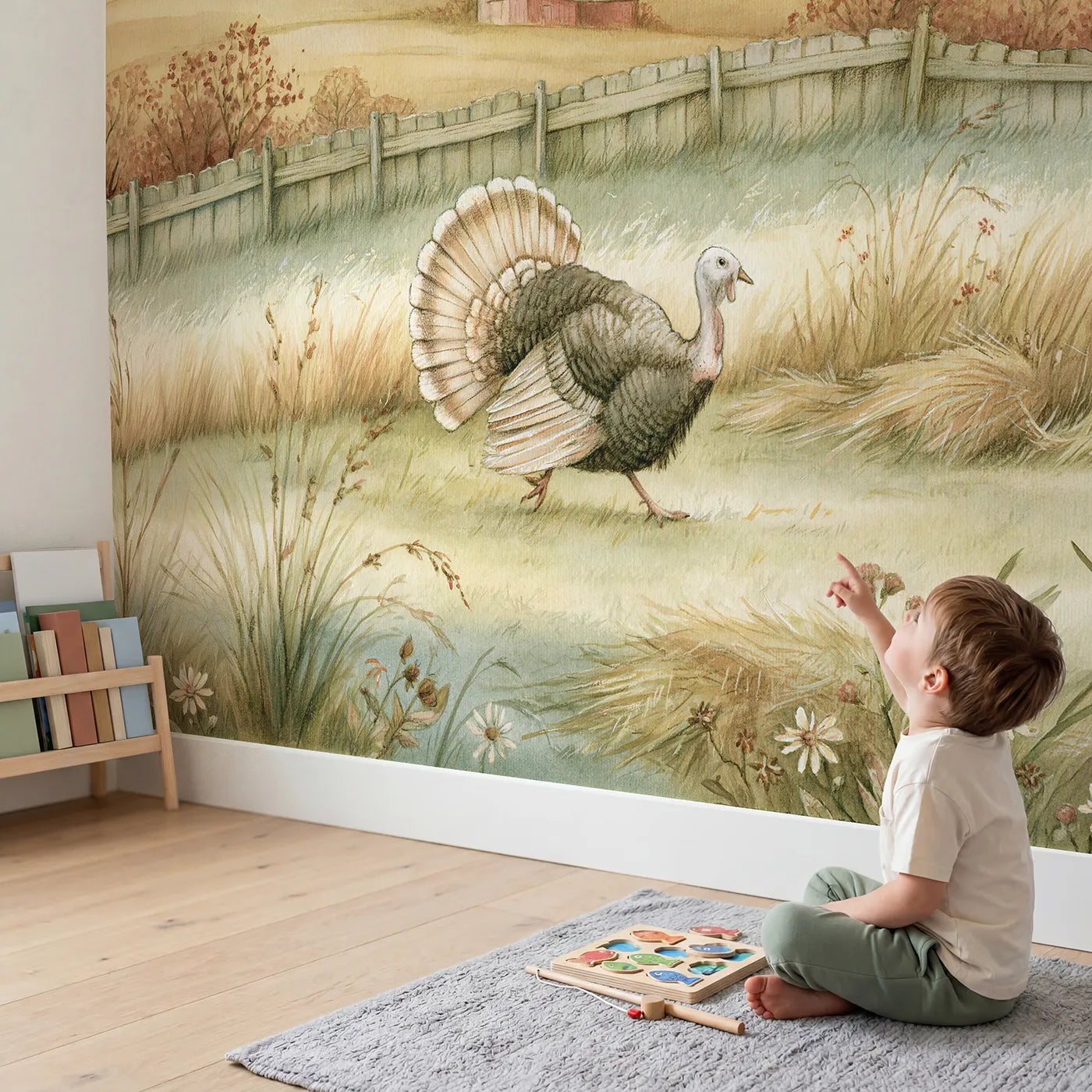 Child in nursery with Friendly Farmyard Turkey Wallpaper Mural by Whimsy Tots