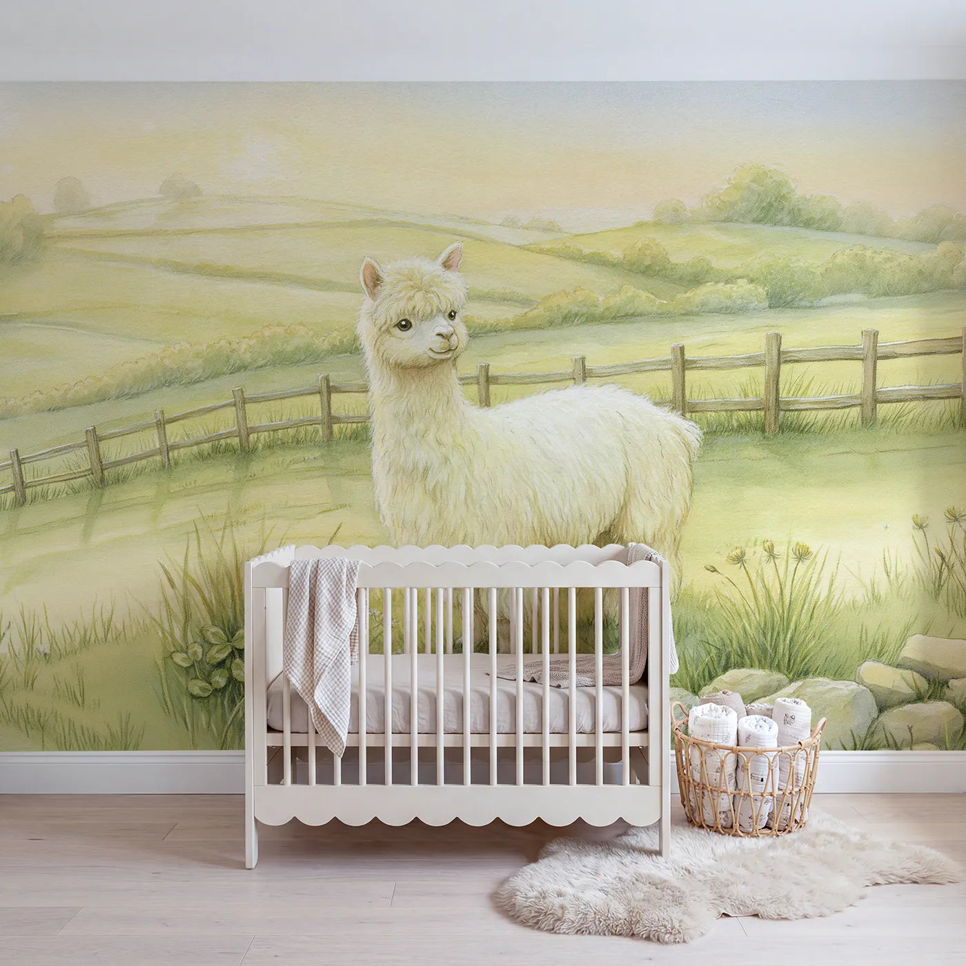 Storybook wall mural of a gentle fluffy alpaca by Whimsy Tots