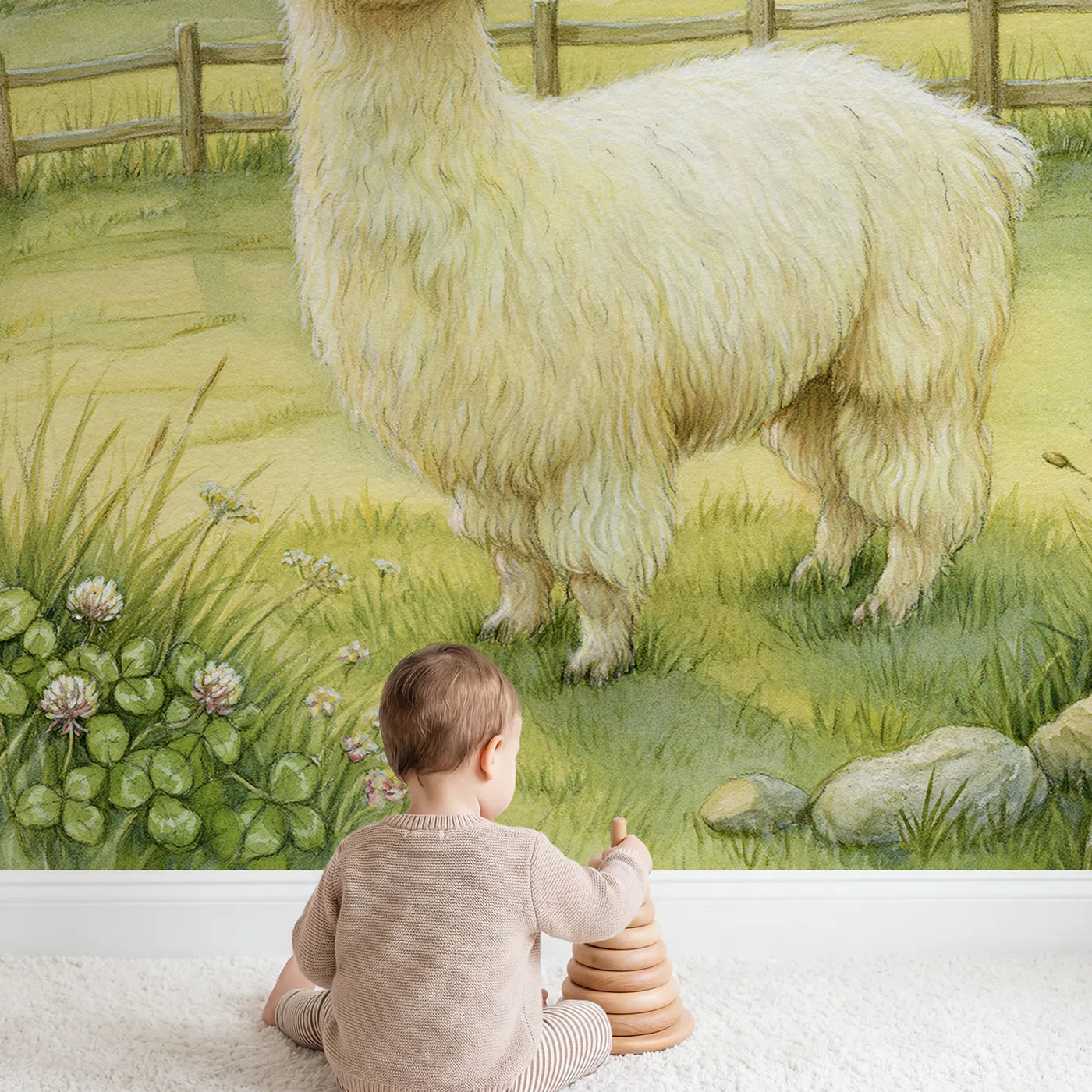 Child in nursery with Gentle Alpaca Wallpaper Mural by Whimsy Tots