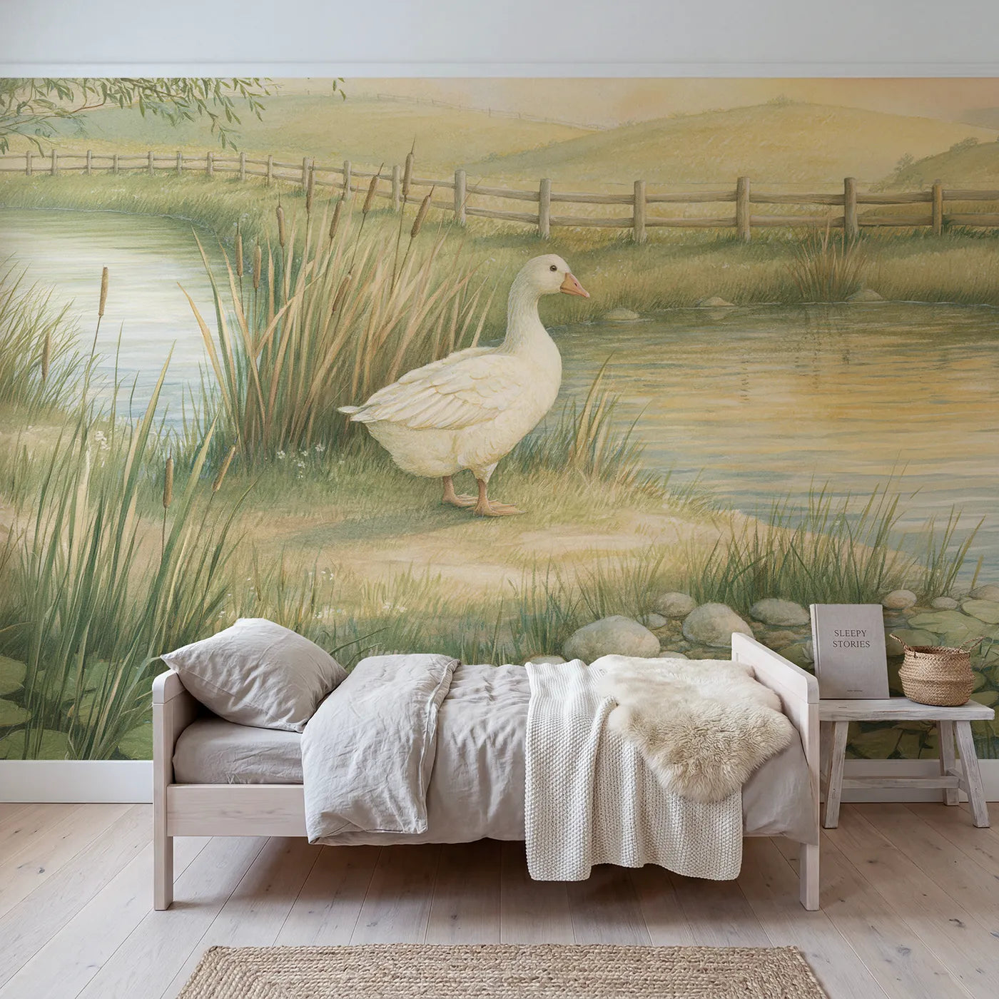 Storybook wall mural of a cheerful farm goose by Whimsy Tots