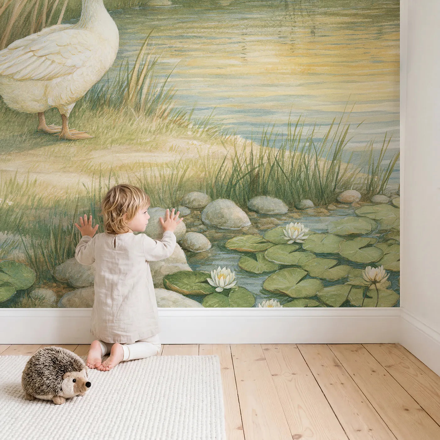 Child in nursery with Cheerful Farm Goose Wallpaper Mural by Whimsy Tots