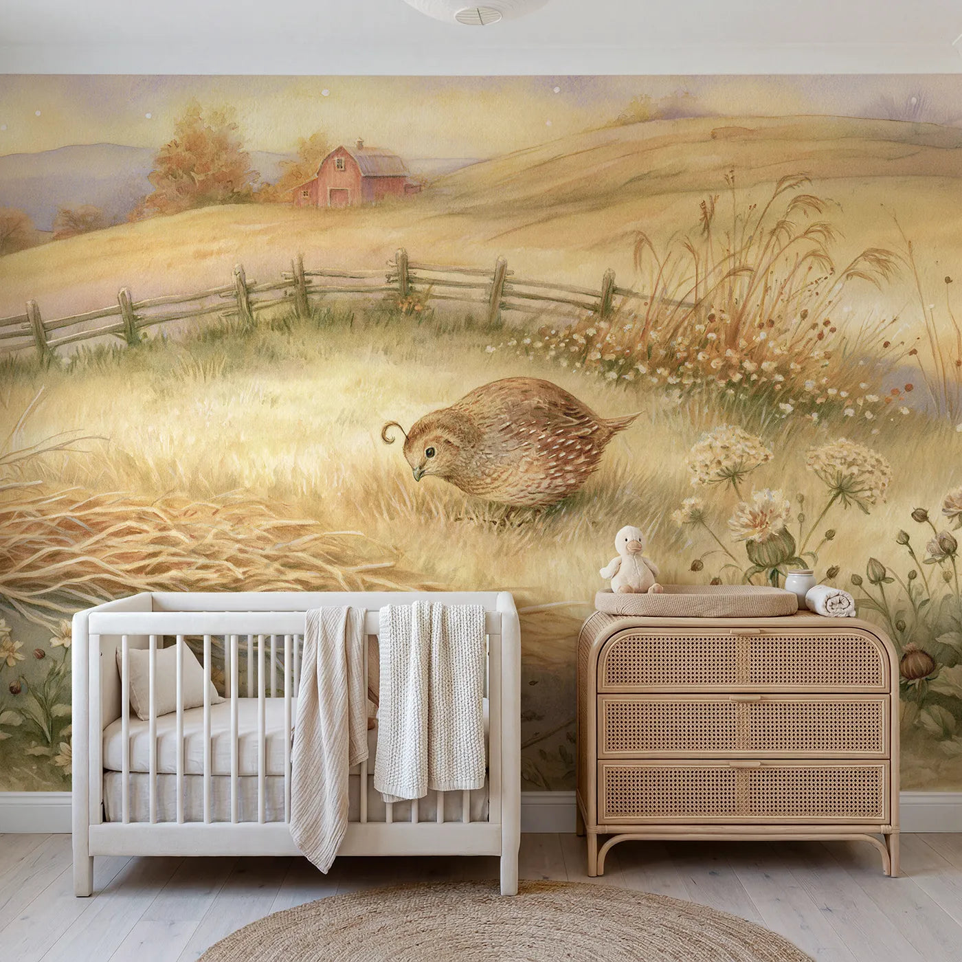 Storybook wall mural of a little quail in warm grass by Whimsy Tots